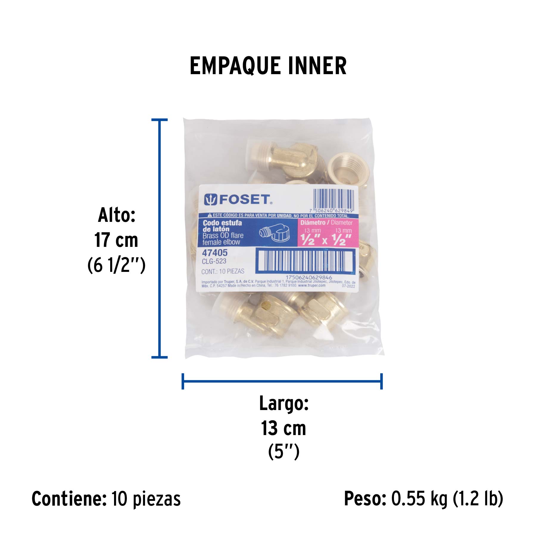 Codo para estufa a 90° de latón de 1/2 x 1/2", FOSET - Empaque