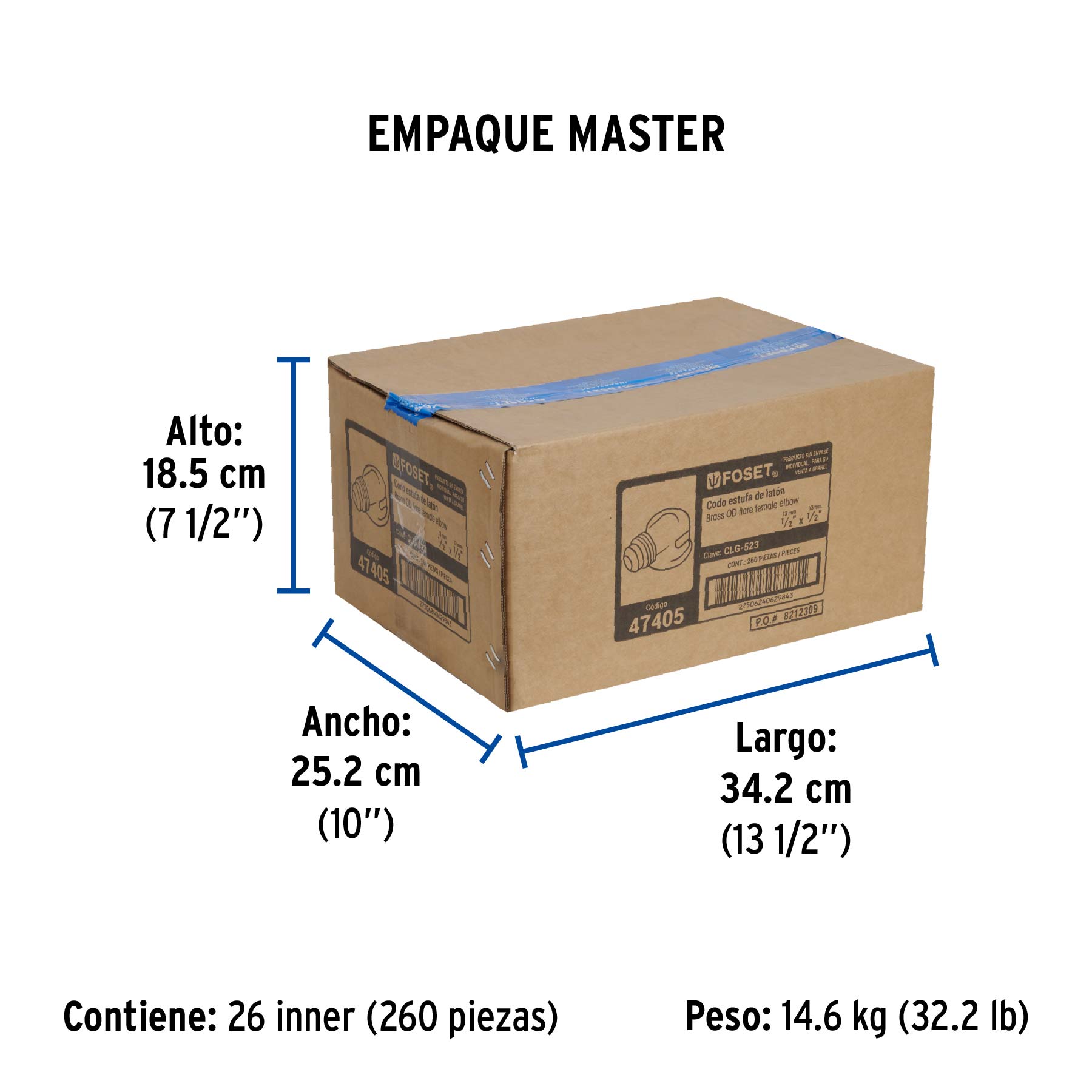 Codo para estufa a 90° de latón de 1/2 x 1/2", FOSET - Empaque