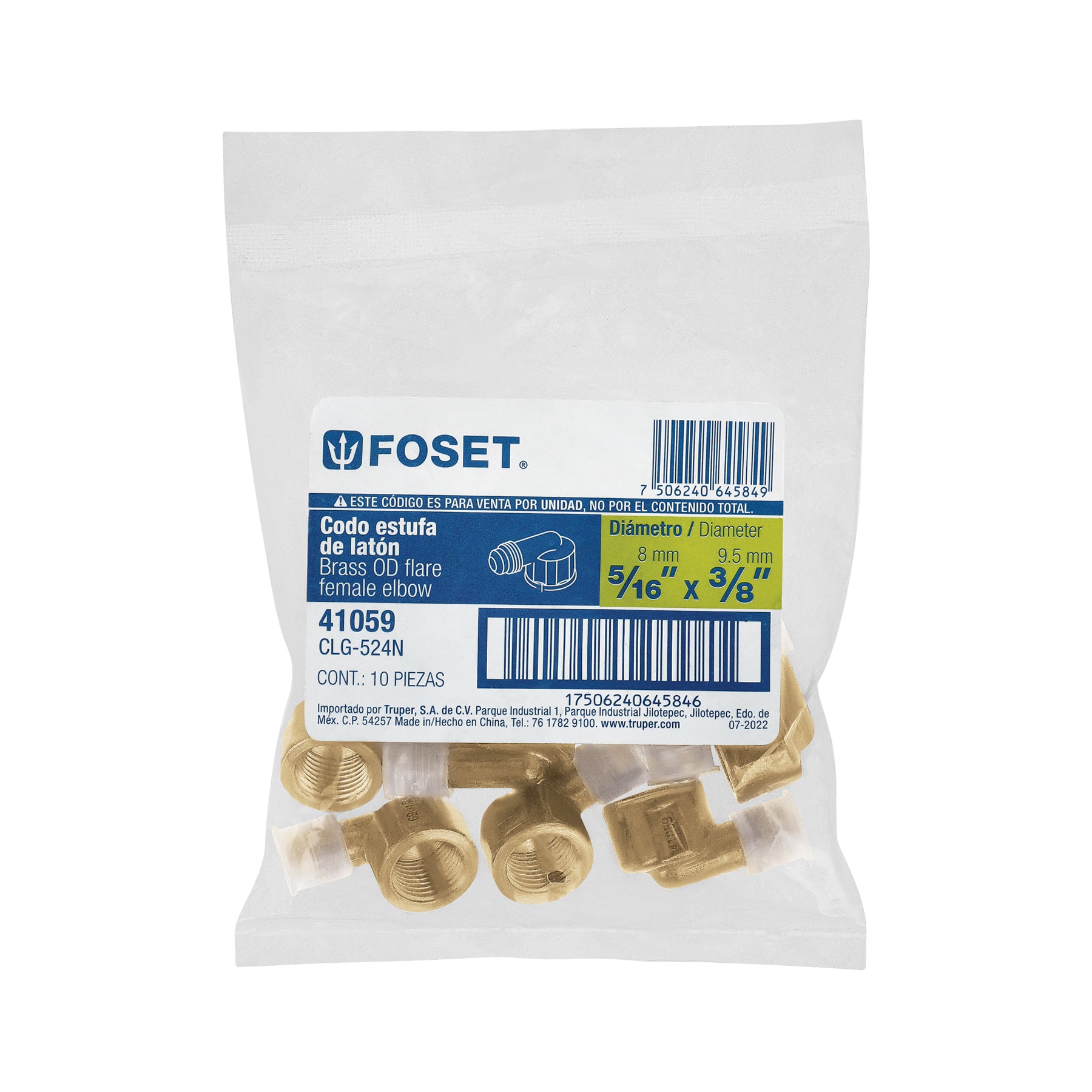 Codo para estufa a 90° de latón de 5/16" x 3/8", FOSET