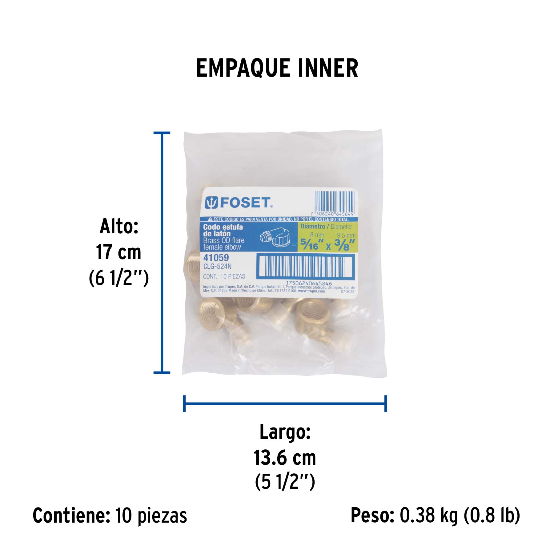 Codo para estufa a 90° de latón de 5/16" x 3/8", FOSET - Empaque