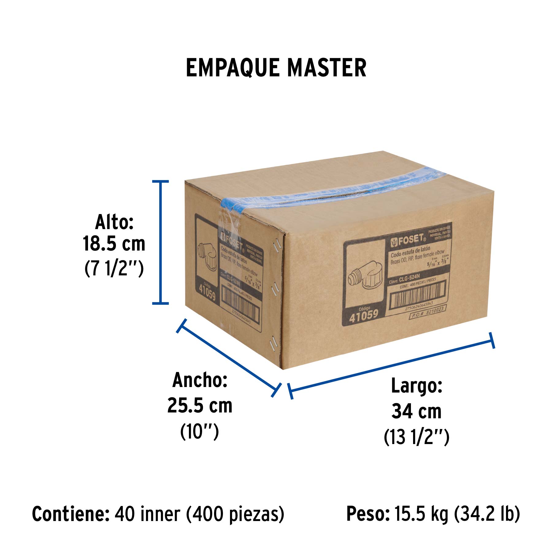 Codo para estufa a 90° de latón de 5/16" x 3/8", FOSET - Empaque