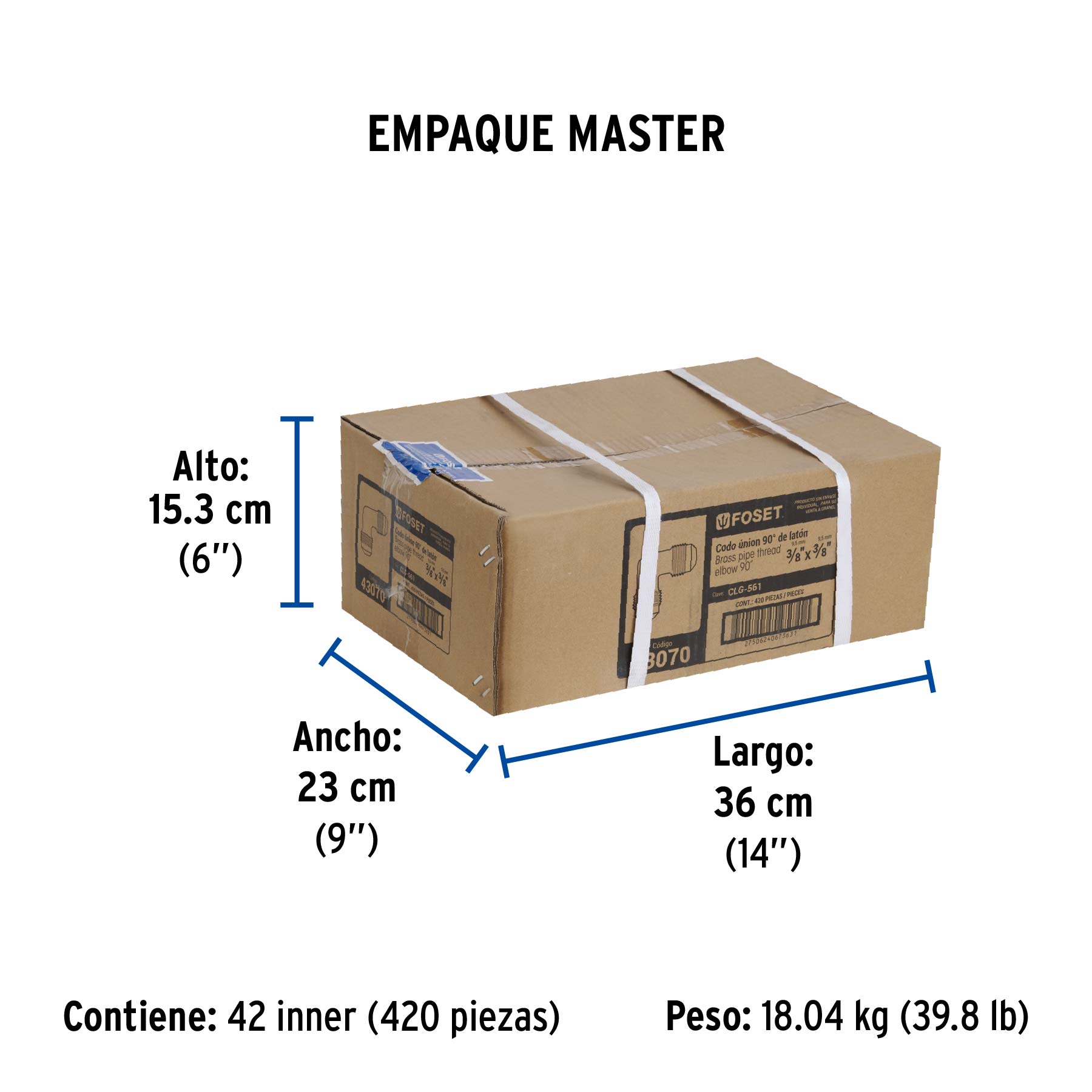 Codo unión a 90° de latón de 3/8 x 3/8", FOSET - Empaque