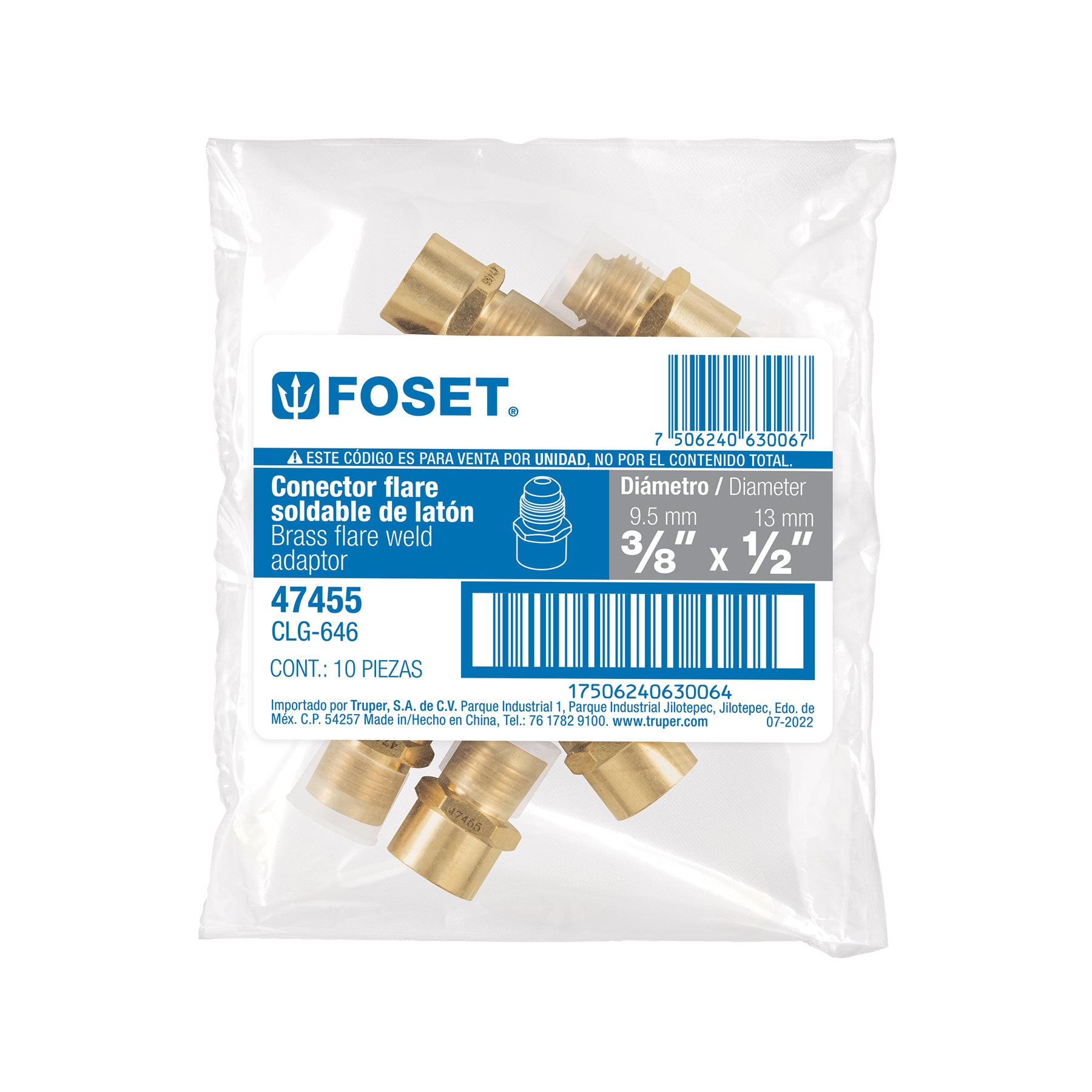 Conector flare soldable de latón, 3/8" x 1/2", FOSET