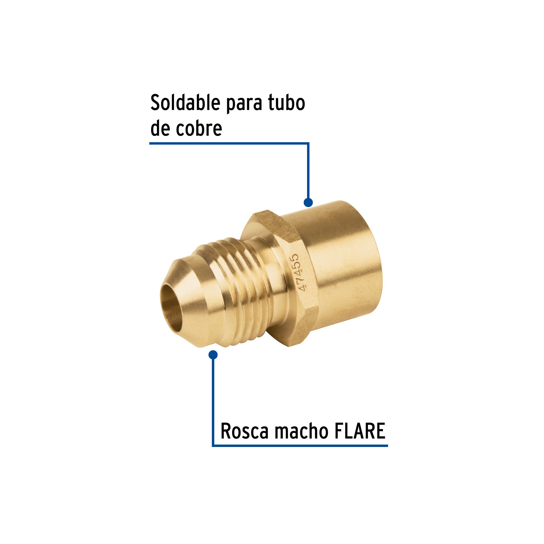 Conector flare soldable de latón, 3/8" x 1/2", FOSET