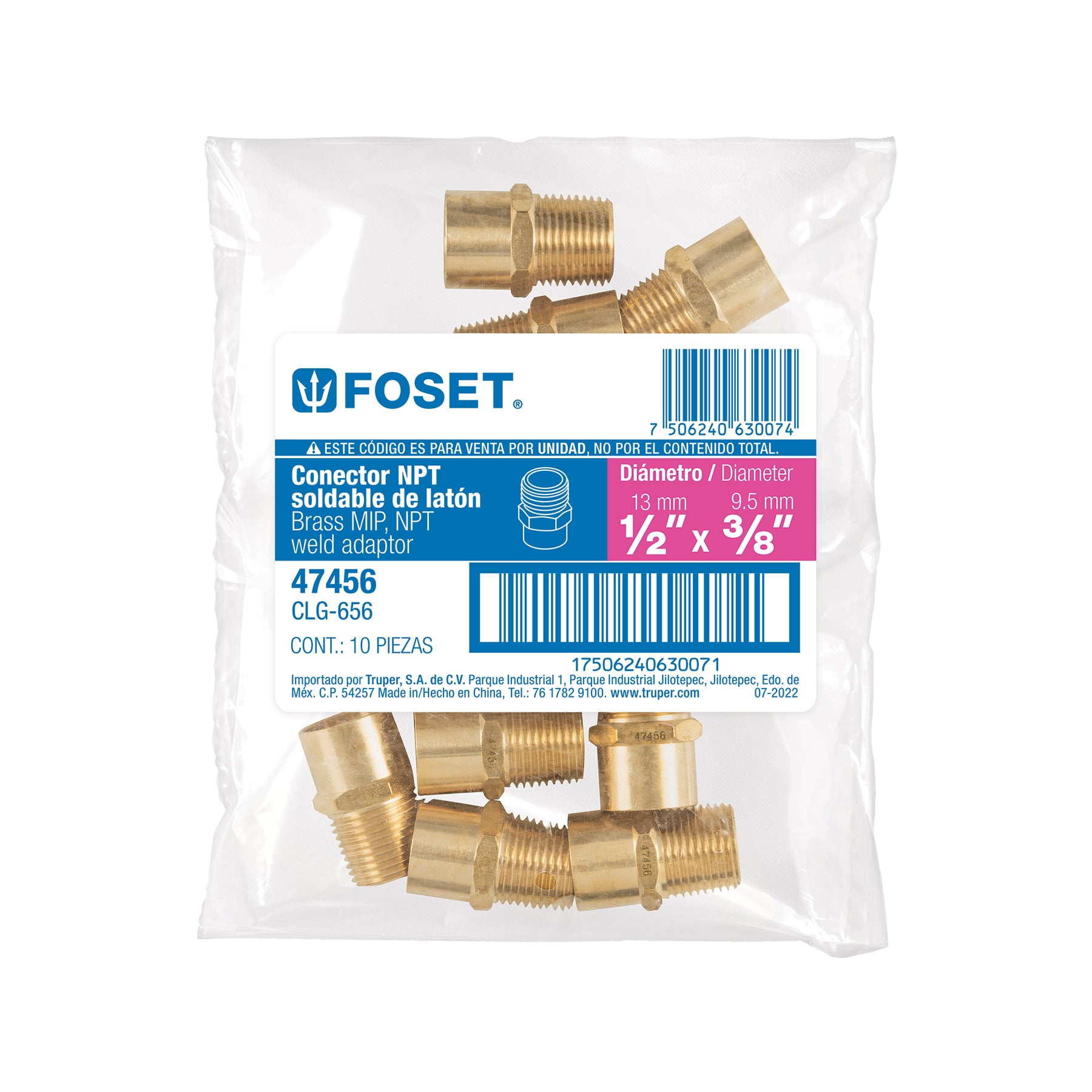 Conector NPT soldable de latón, 1/2" X 3/8", FOSET