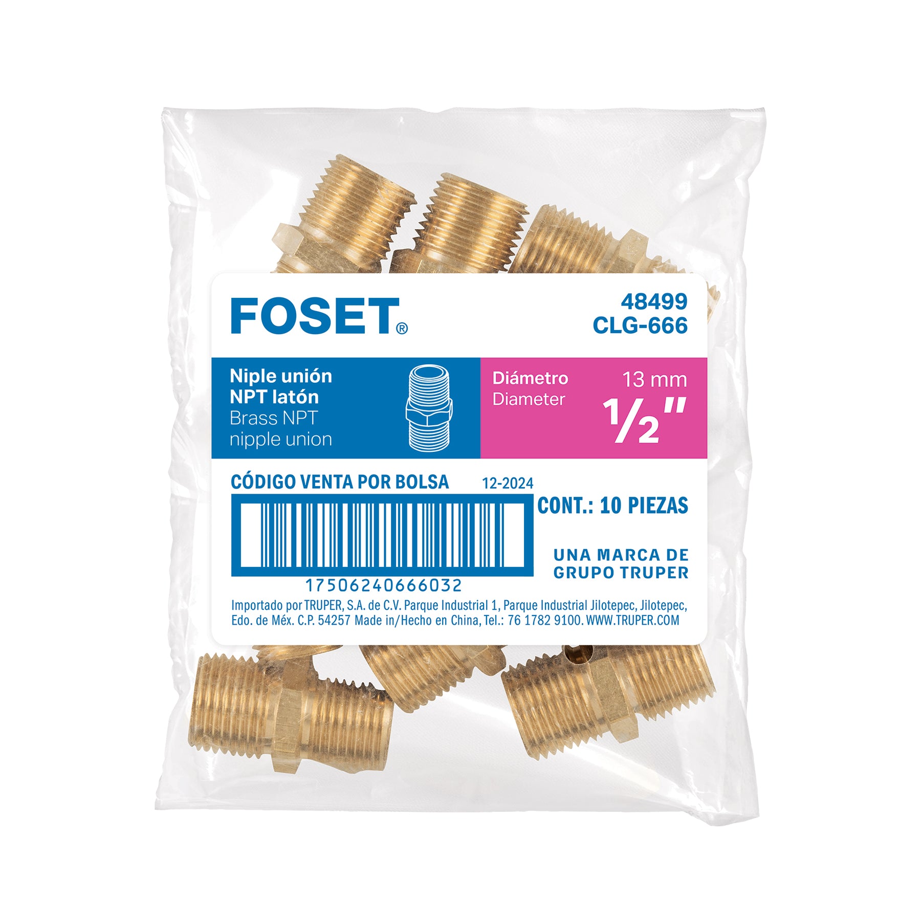 Niple unión NPT de latón, 1/2" con tuerca hexagonal, FOSET