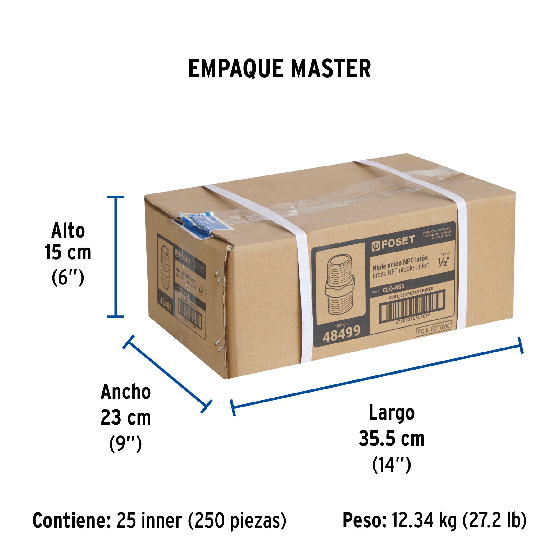 Niple unión NPT de latón, 1/2" con tuerca hexagonal, FOSET - Empaque
