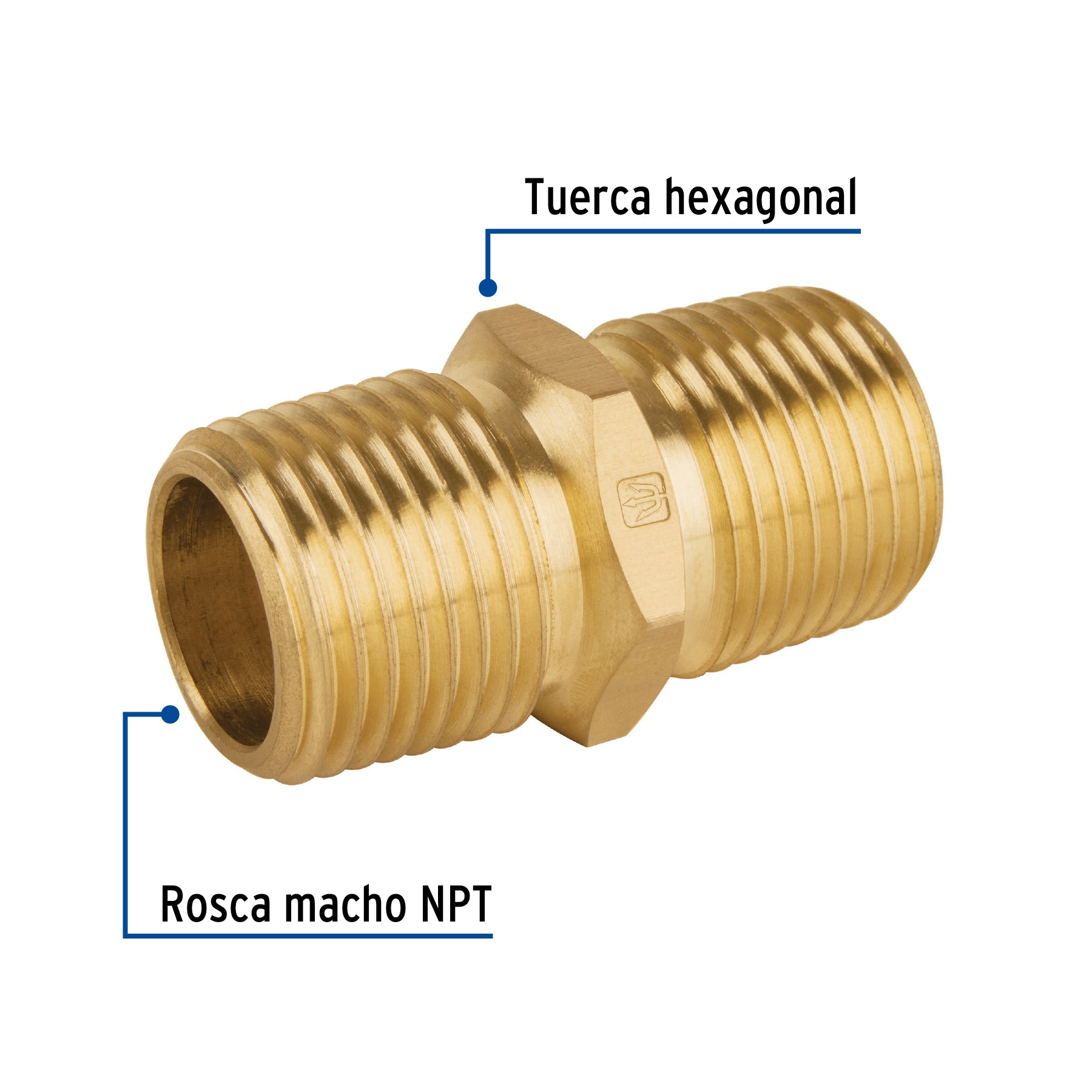 Niple unión NPT de latón, 1/2" con tuerca hexagonal, FOSET