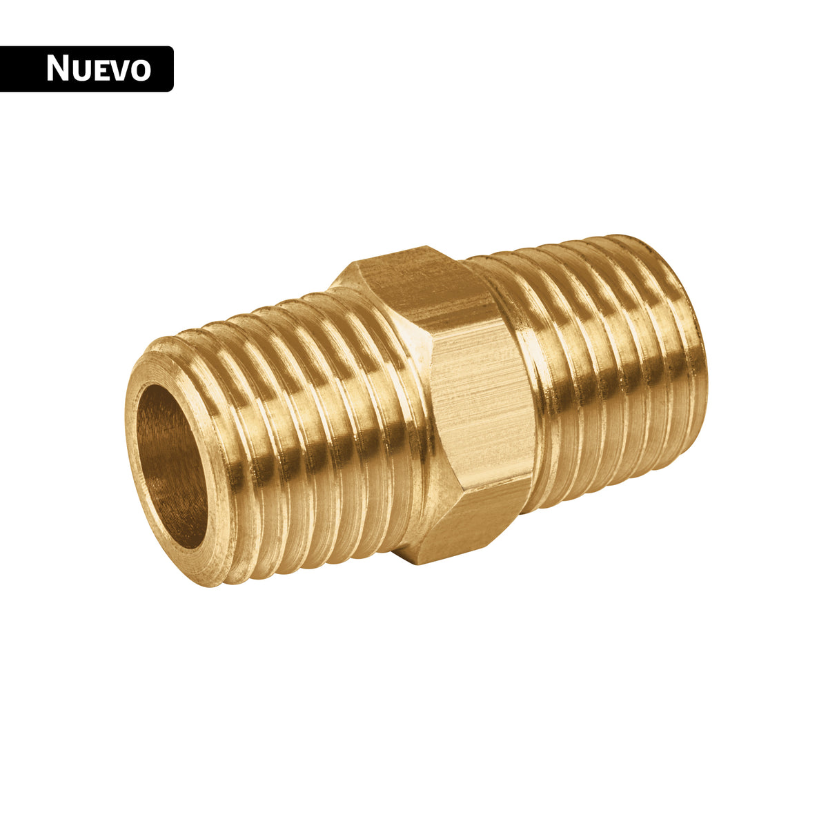 Niple unión NPT de latón, 1/4" con tuerca hexagonal, FOSET