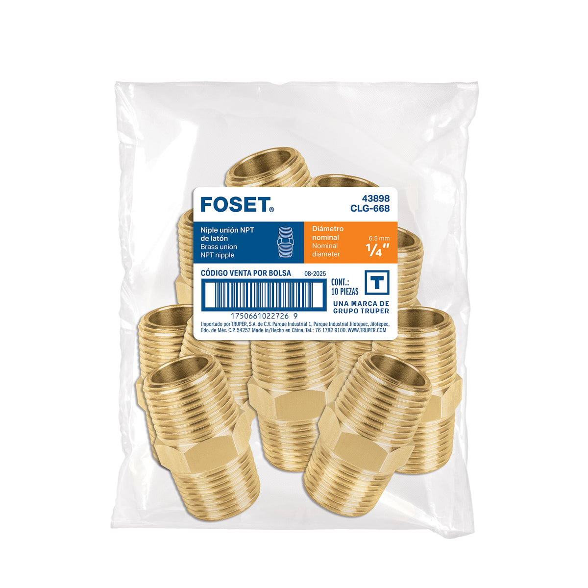Niple unión NPT de latón, 1/4" con tuerca hexagonal, FOSET