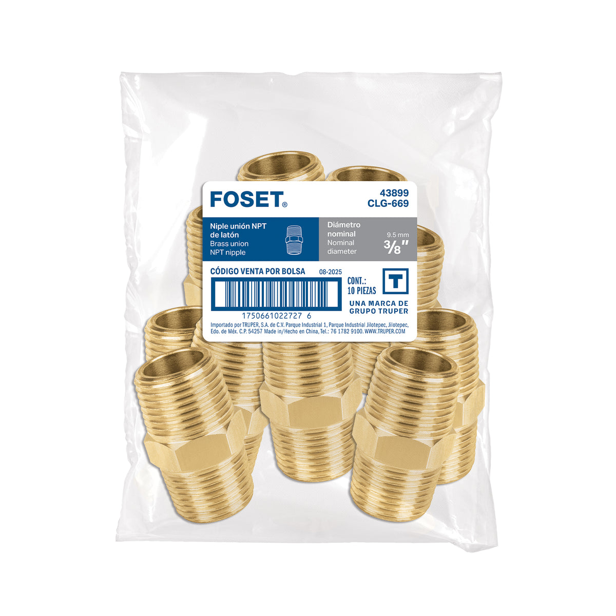 Niple unión NPT de latón, 3/8" con tuerca hexagonal, FOSET