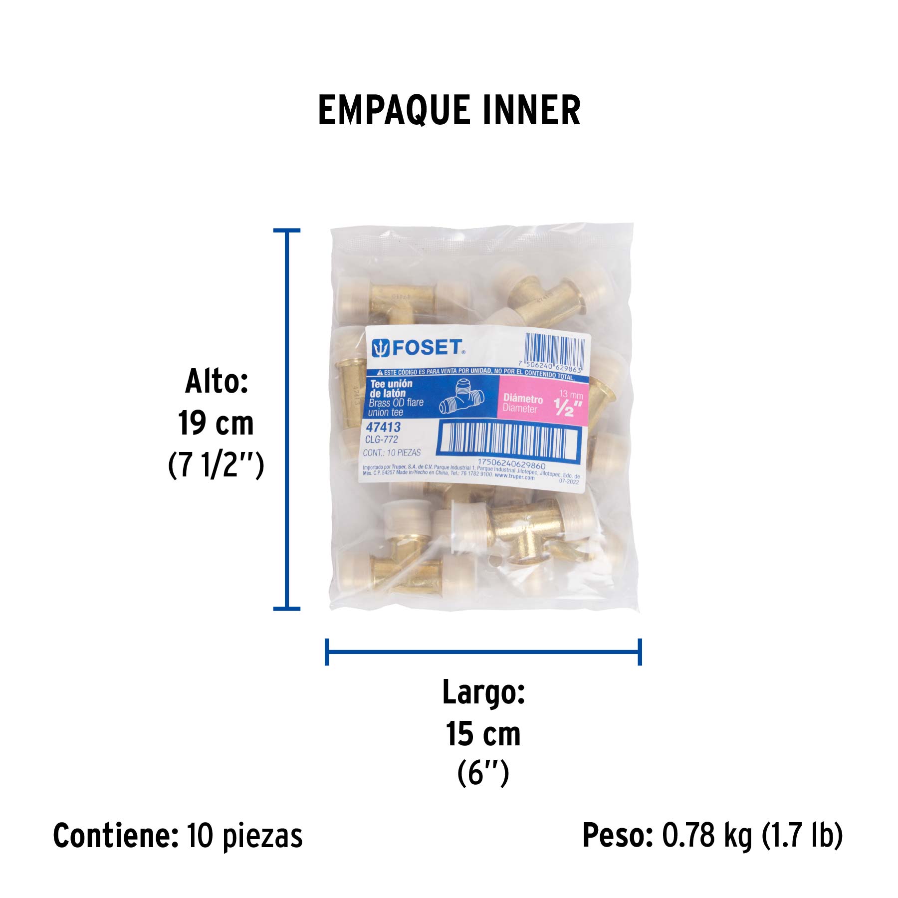 Tee unión de latón 1/2", FOSET - Empaque