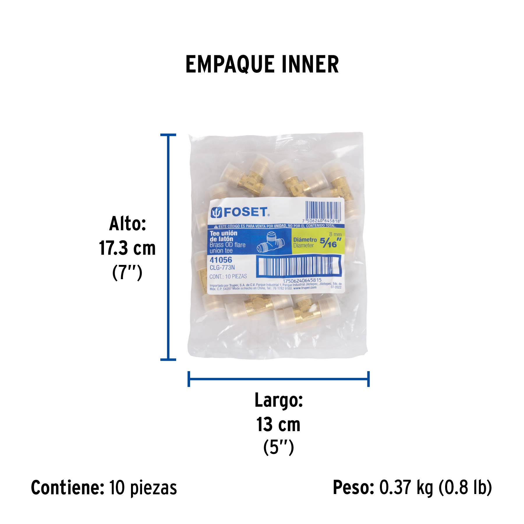 Tee unión de latón 5/16", FOSET - Empaque