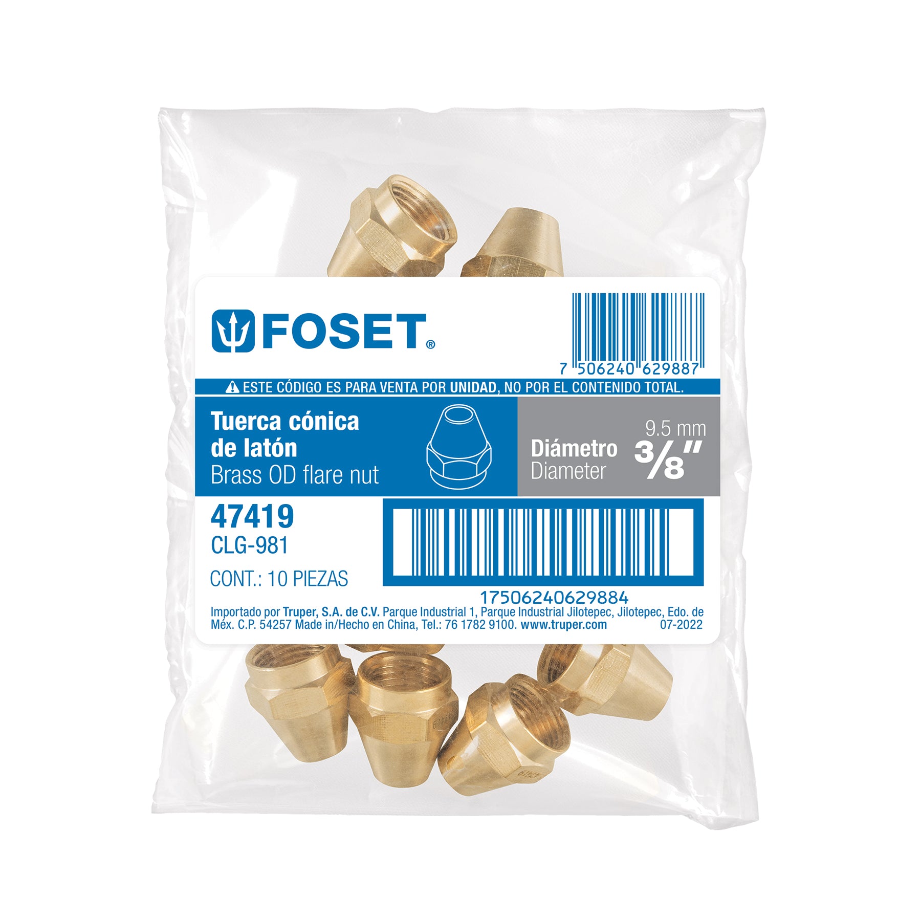 Tuerca cónica de latón 3/8", FOSET