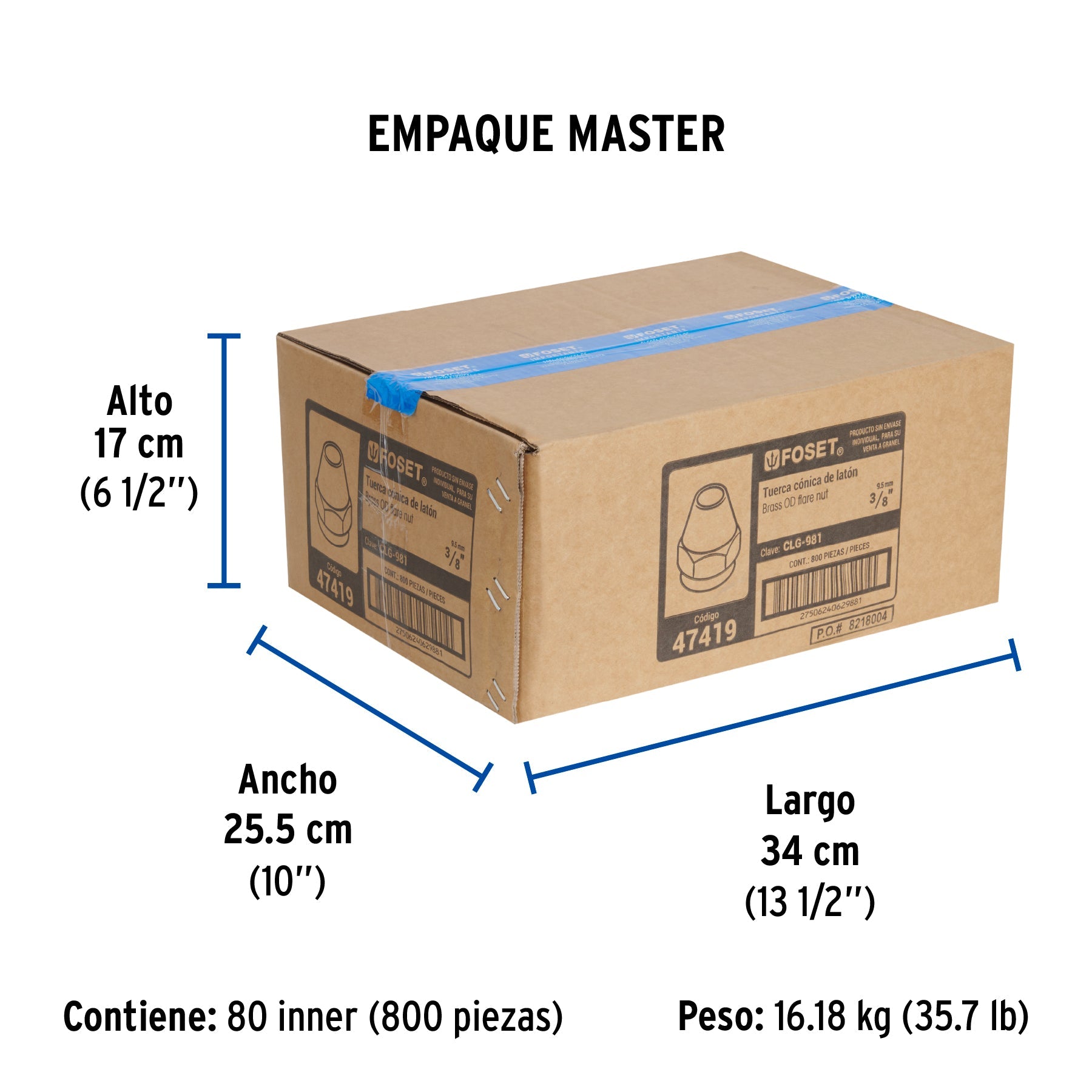 Tuerca cónica de latón 3/8", FOSET - Empaque