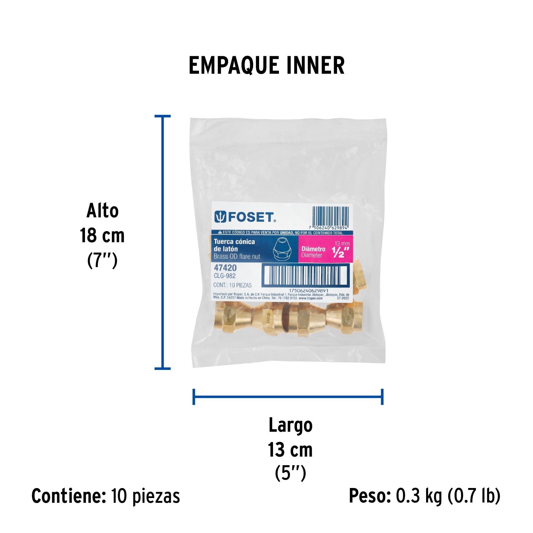 Tuerca cónica de latón 1/2", FOSET - Empaque