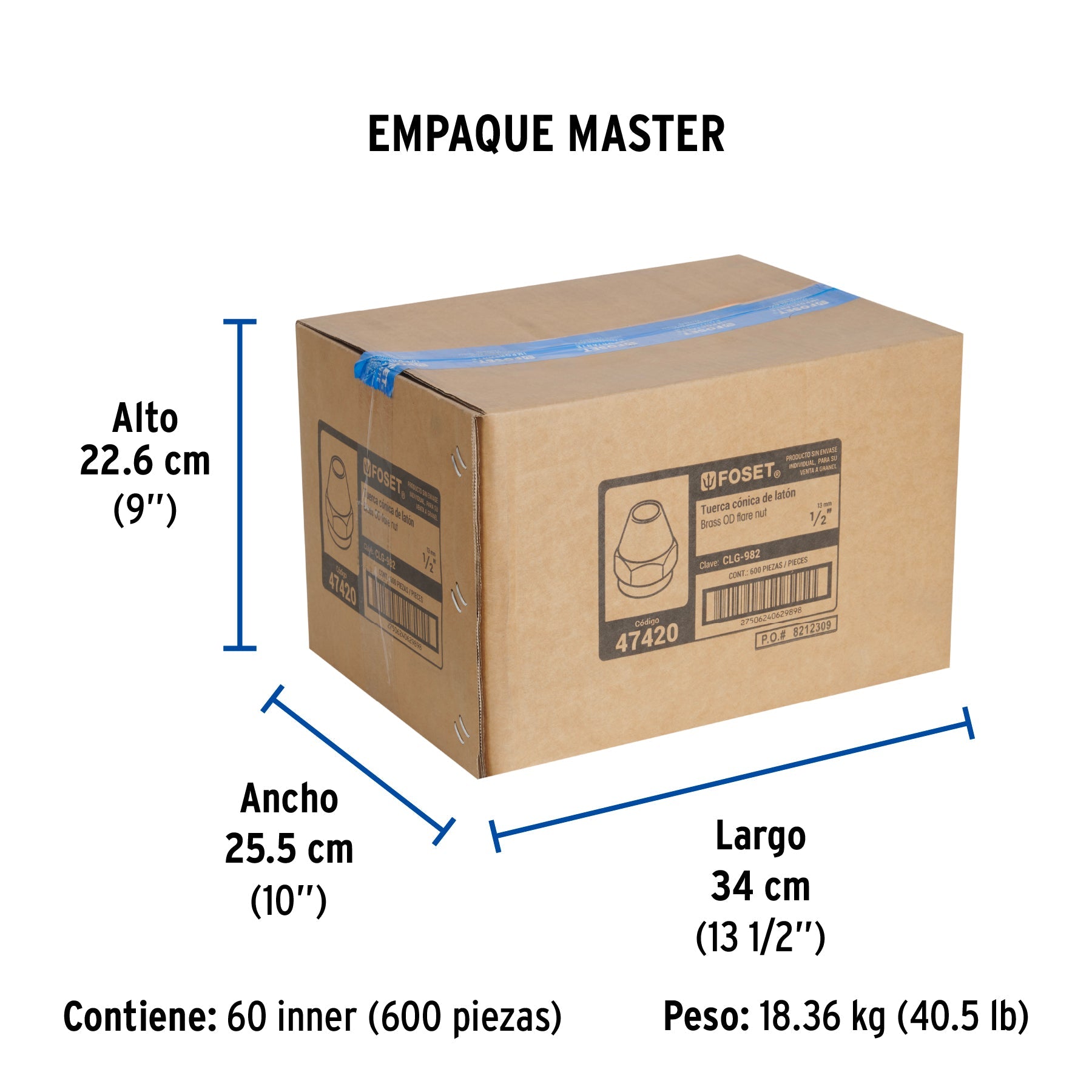 Tuerca cónica de latón 1/2", FOSET - Empaque