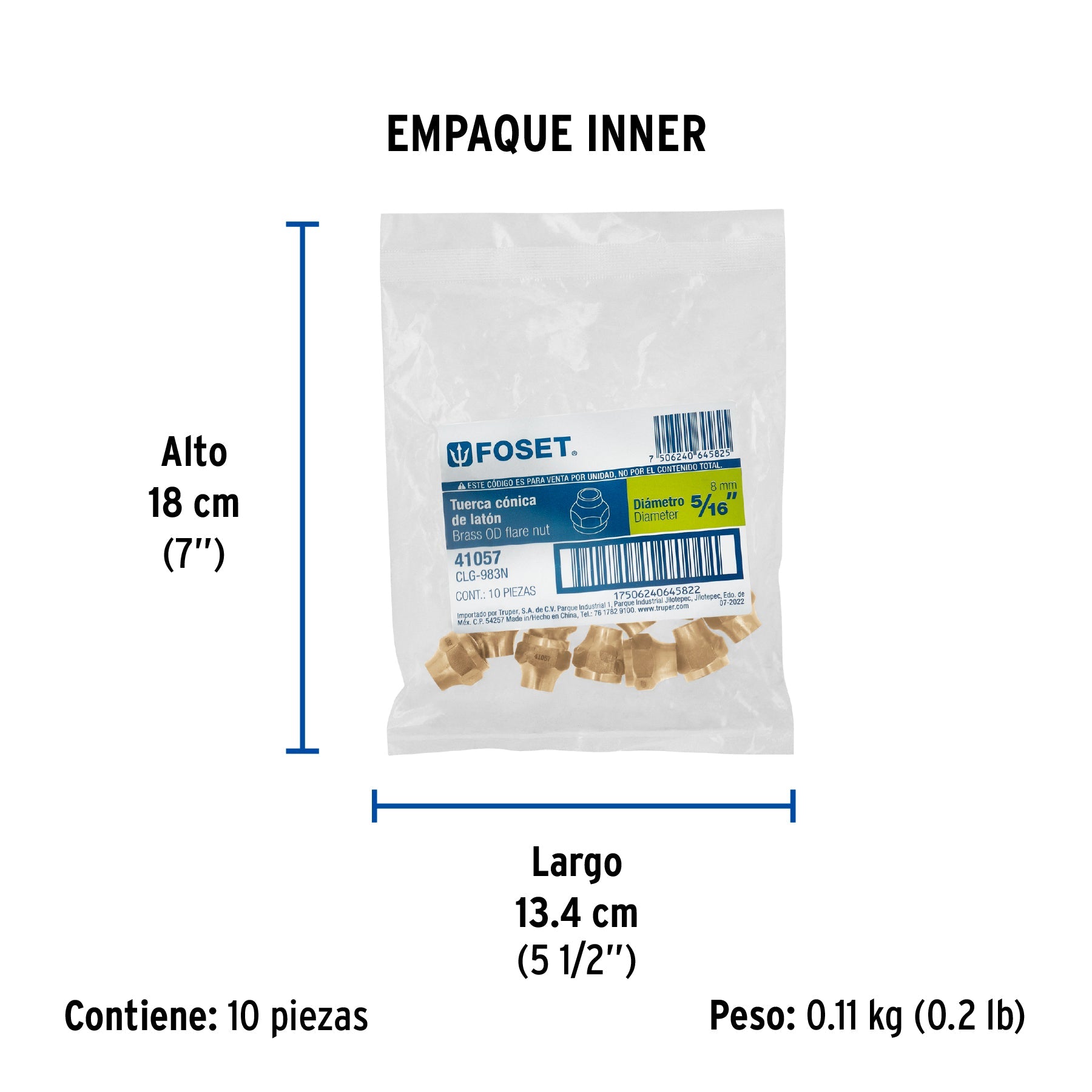 Tuerca cónica de latón 5/16", FOSET - Empaque
