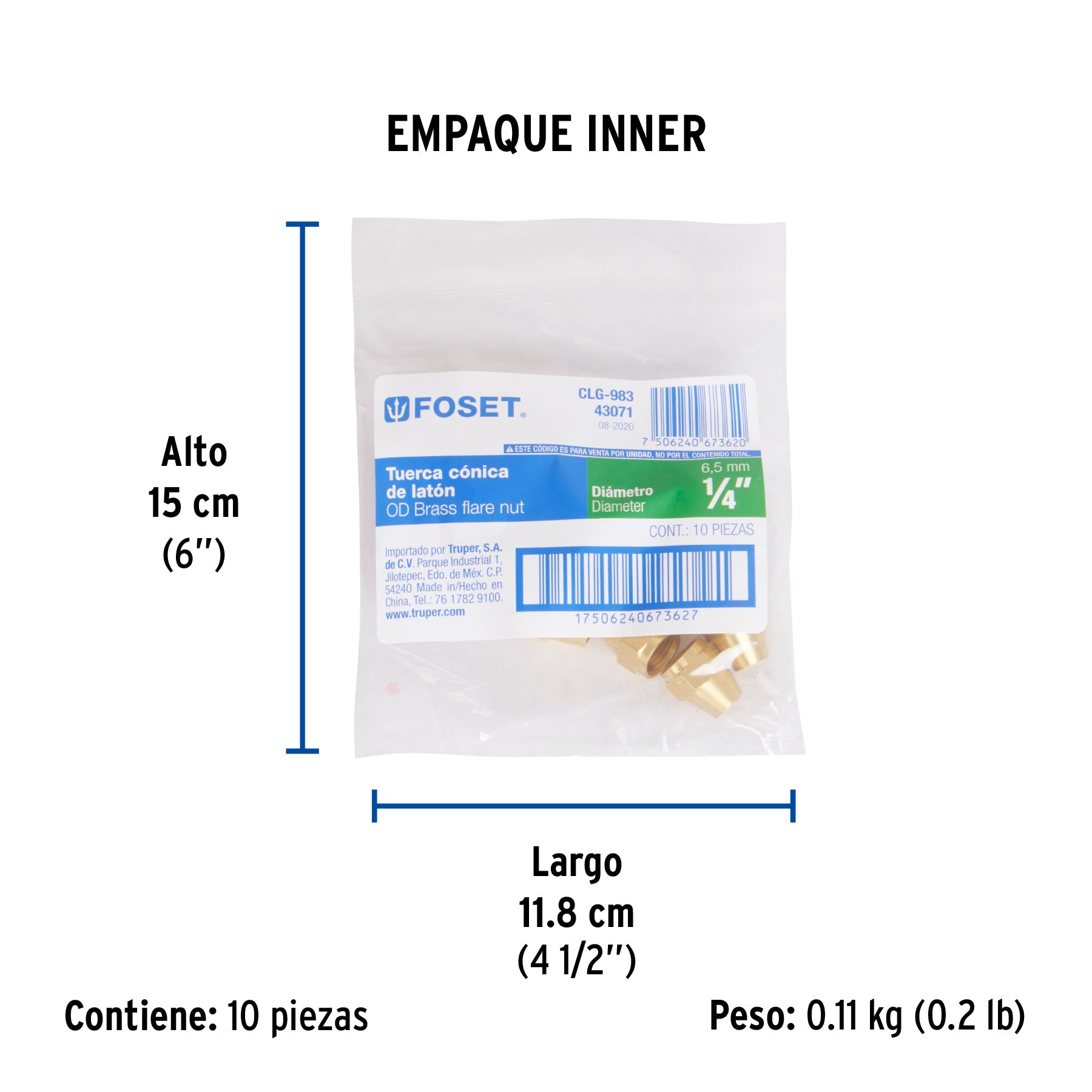 Tuerca cónica de latón 1/4", FOSET - Empaque