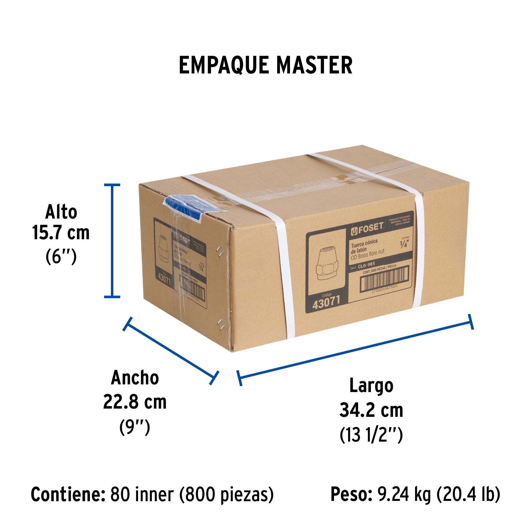 Tuerca cónica de latón 1/4", FOSET - Empaque