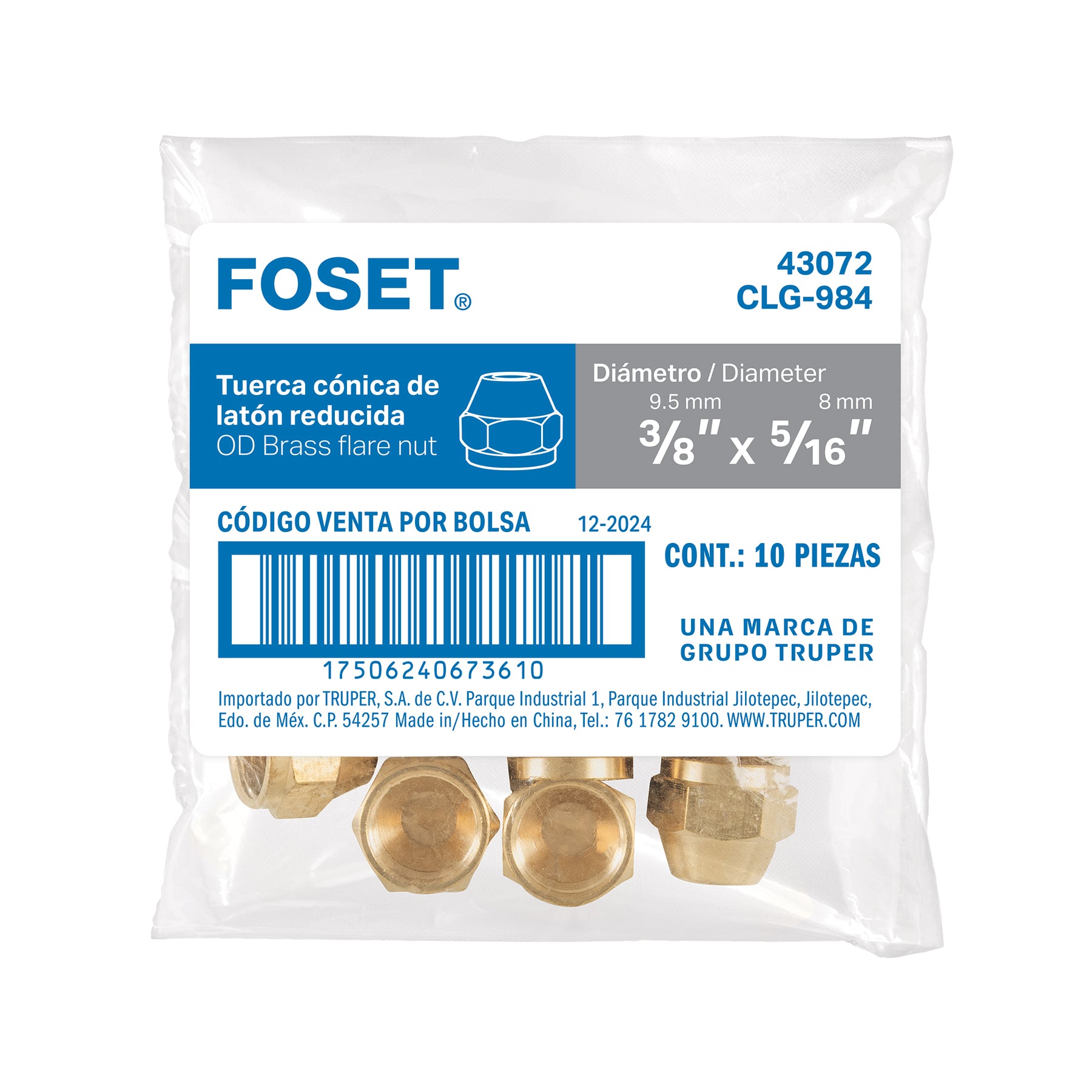 Tuerca cónica reducida de latón 3/8" x 5/16", FOSET