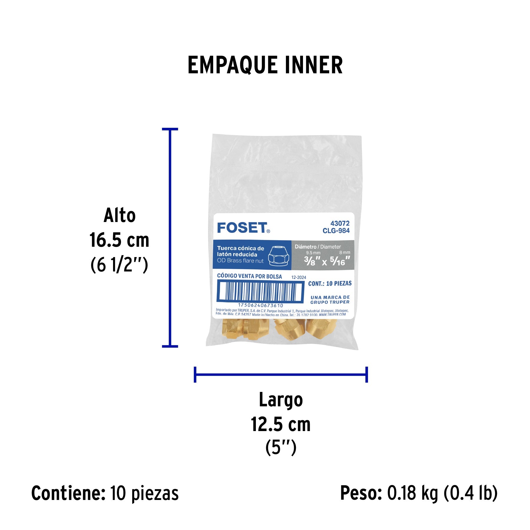 Tuerca cónica reducida de latón 3/8" x 5/16", FOSET - Empaque