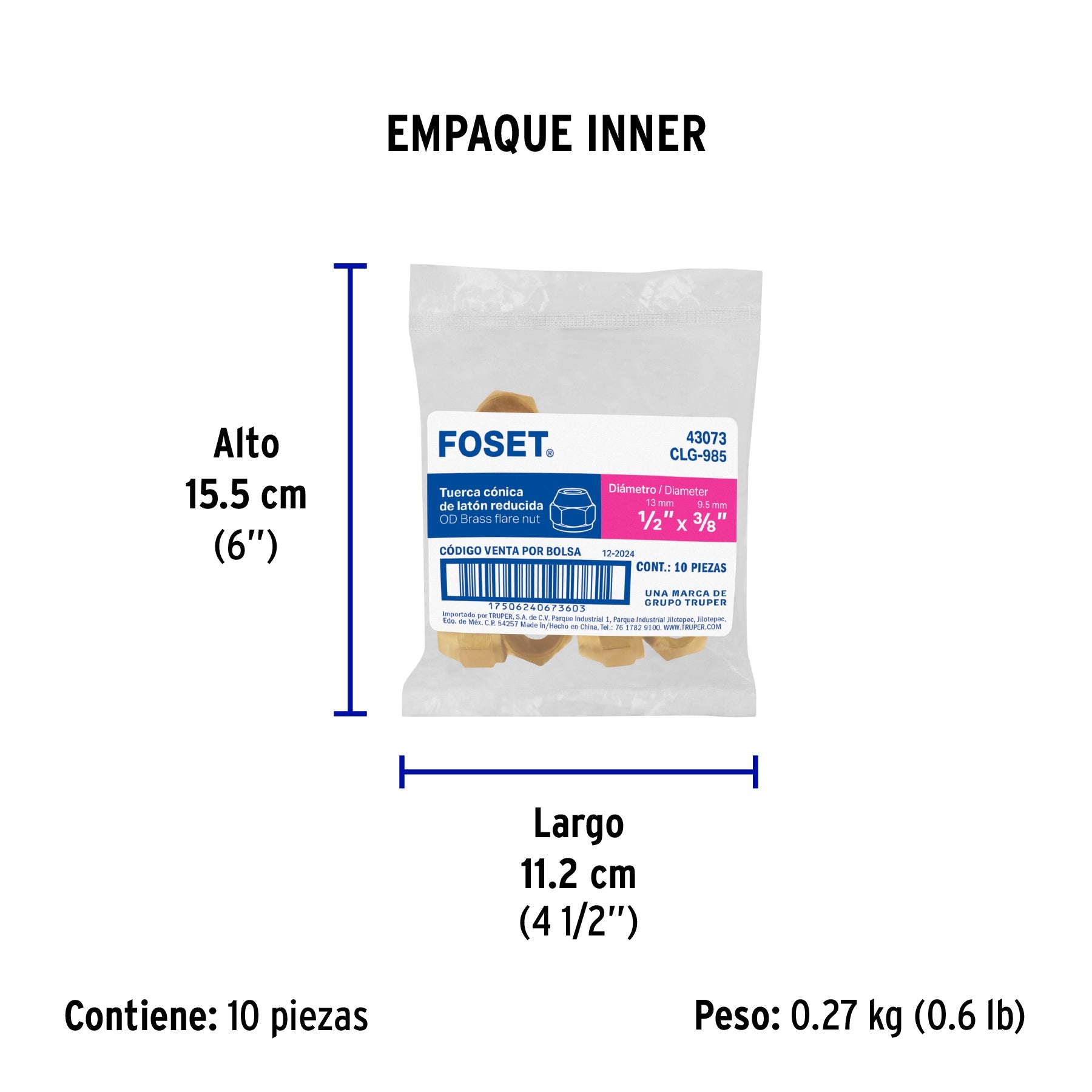 Tuerca cónica reducida de latón 1/2" x 3/8", FOSET - Empaque
