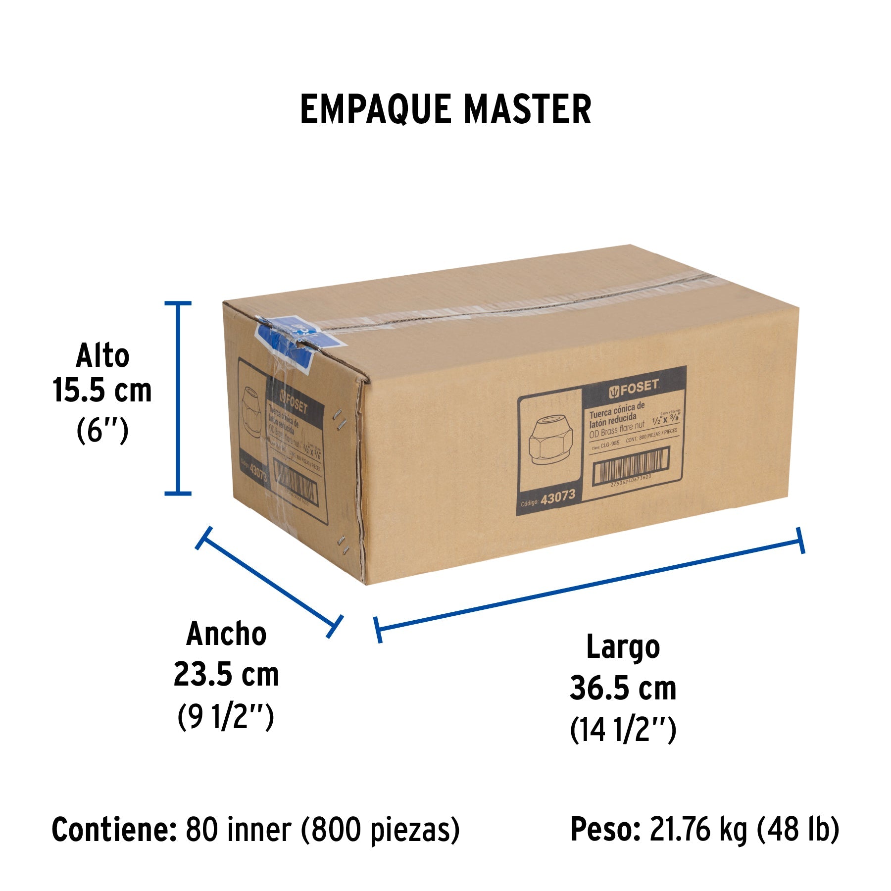 Tuerca cónica reducida de latón 1/2" x 3/8", FOSET - Empaque
