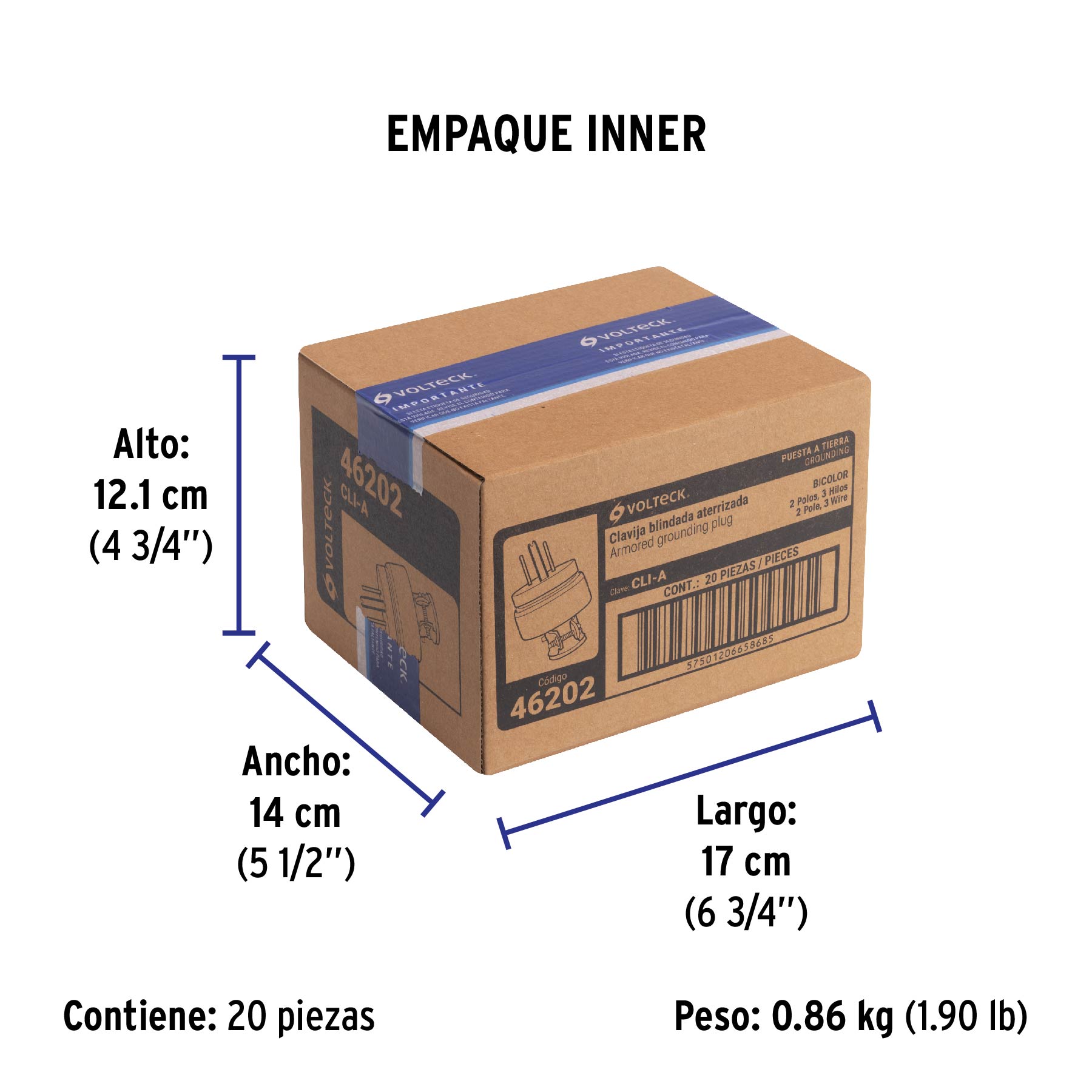 Clavija industrial blindada aterrizada, 2 polos+tierra - Empaque