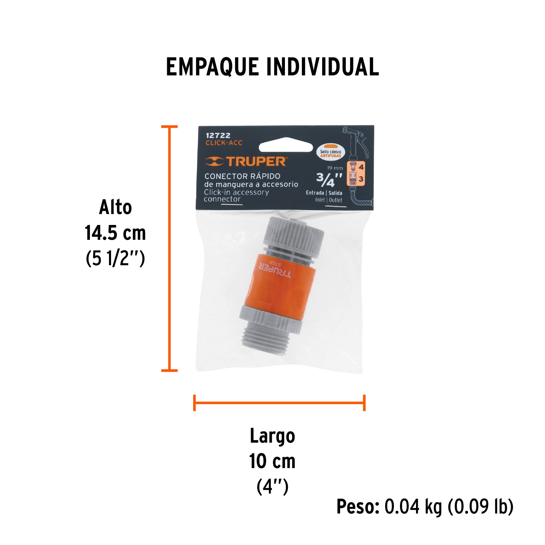 Conector 3/4" rápido de ABS manguera-acc. sistema click - Empaque