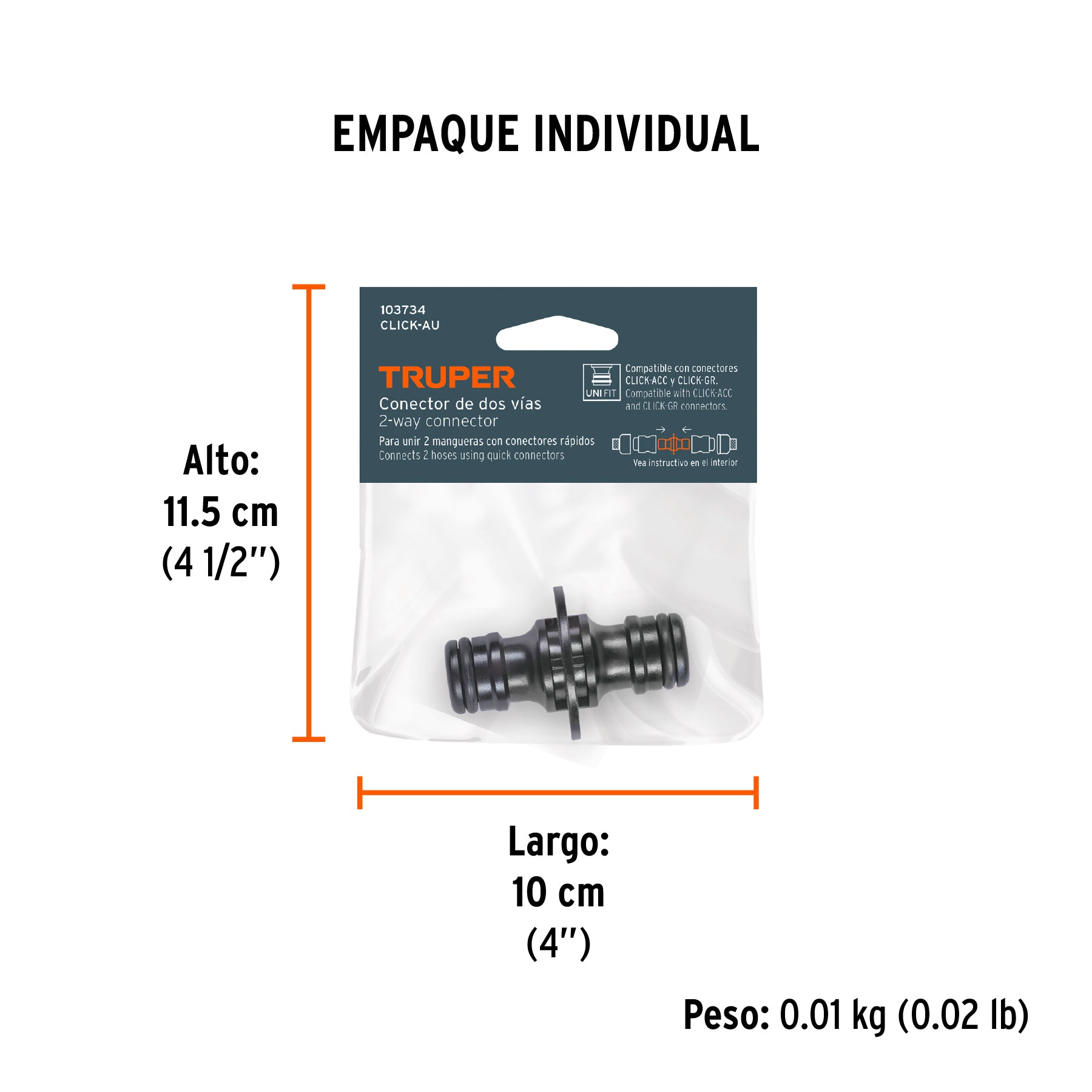 Adaptador unión 3/4" rápido de ABS, sistema click, TRUPER - Empaque