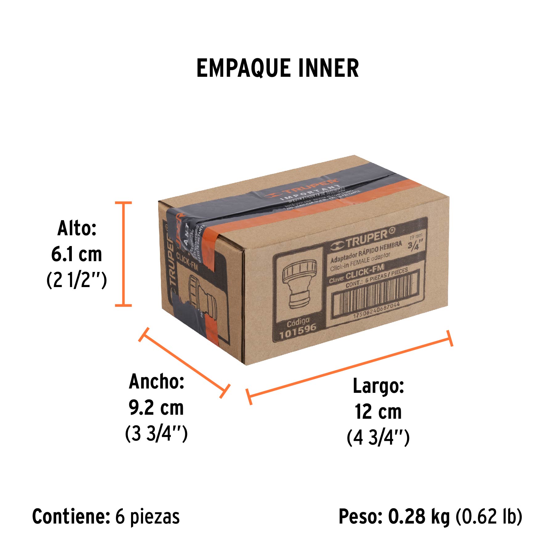 Conector 3/4" rápido hembra de latón, sistema click, TRUPER - Empaque