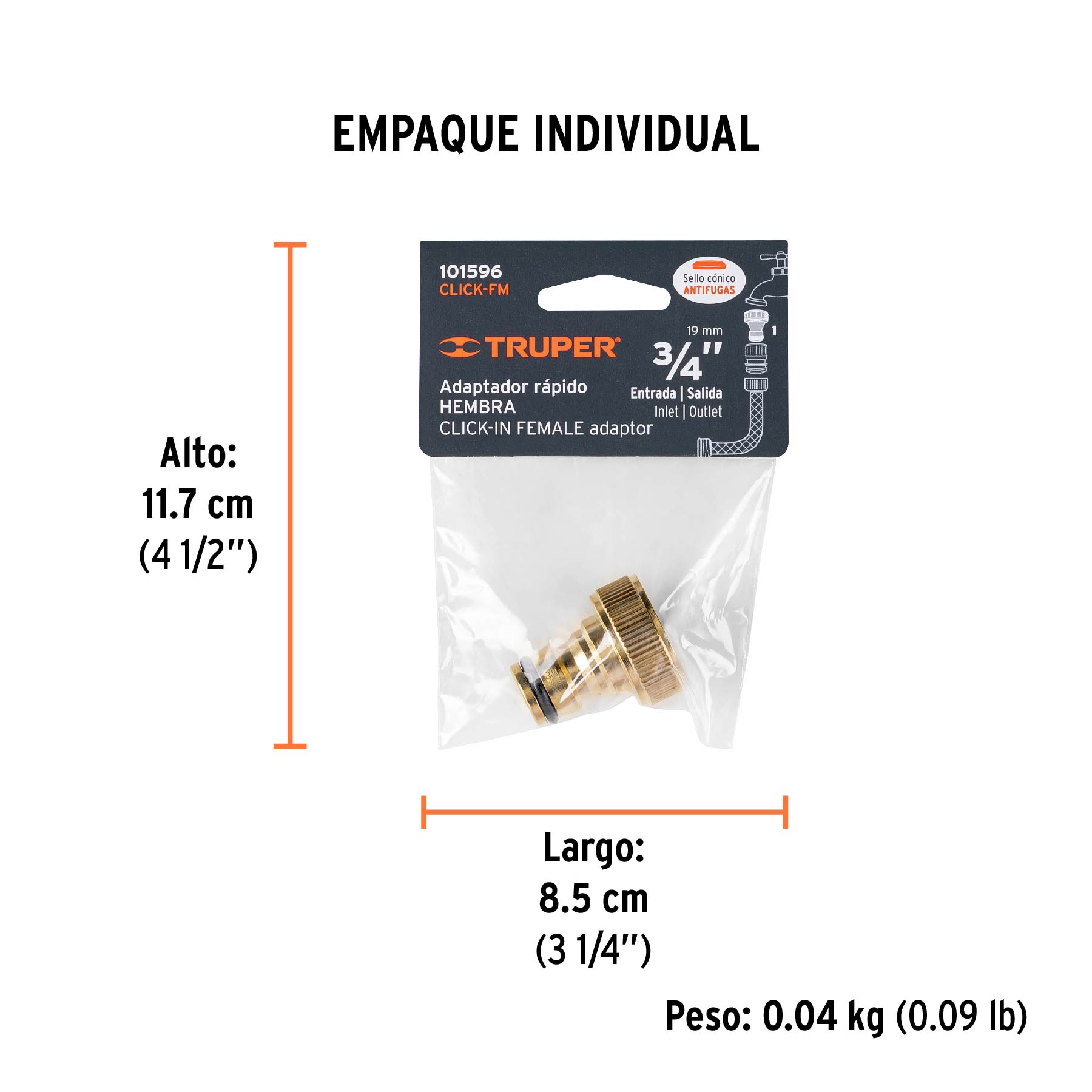 Conector 3/4" rápido hembra de latón, sistema click, TRUPER - Empaque