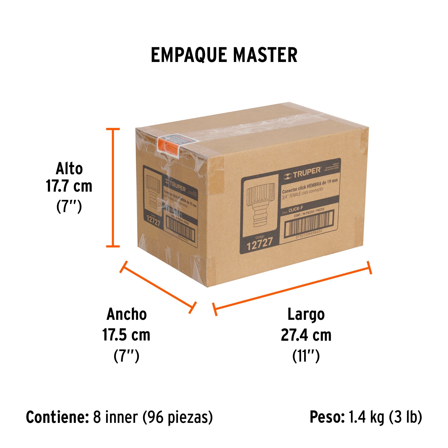 Conector 3/4" rápido hembra de ABS, sistema click, TRUPER - Empaque