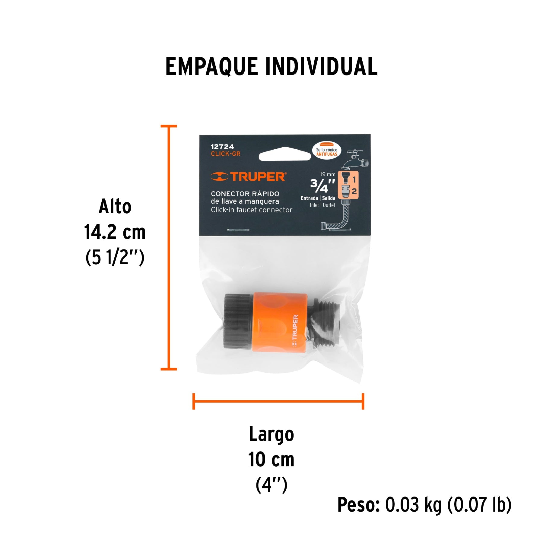 Conector 3/4" rápido de ABS grifo-manguera sistema click - Empaque
