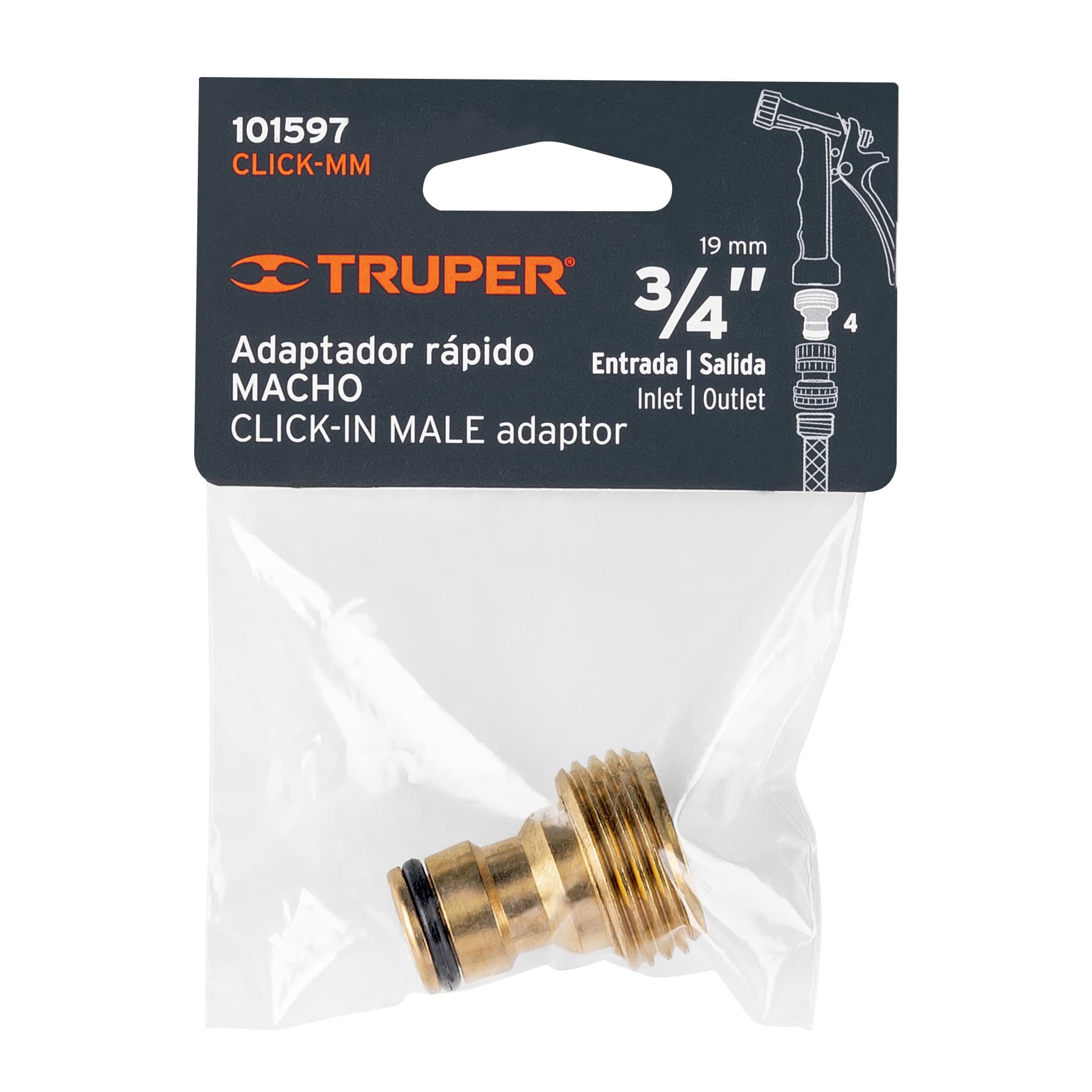 Conector 3/4" rápido macho de latón, sistema click, TRUPER