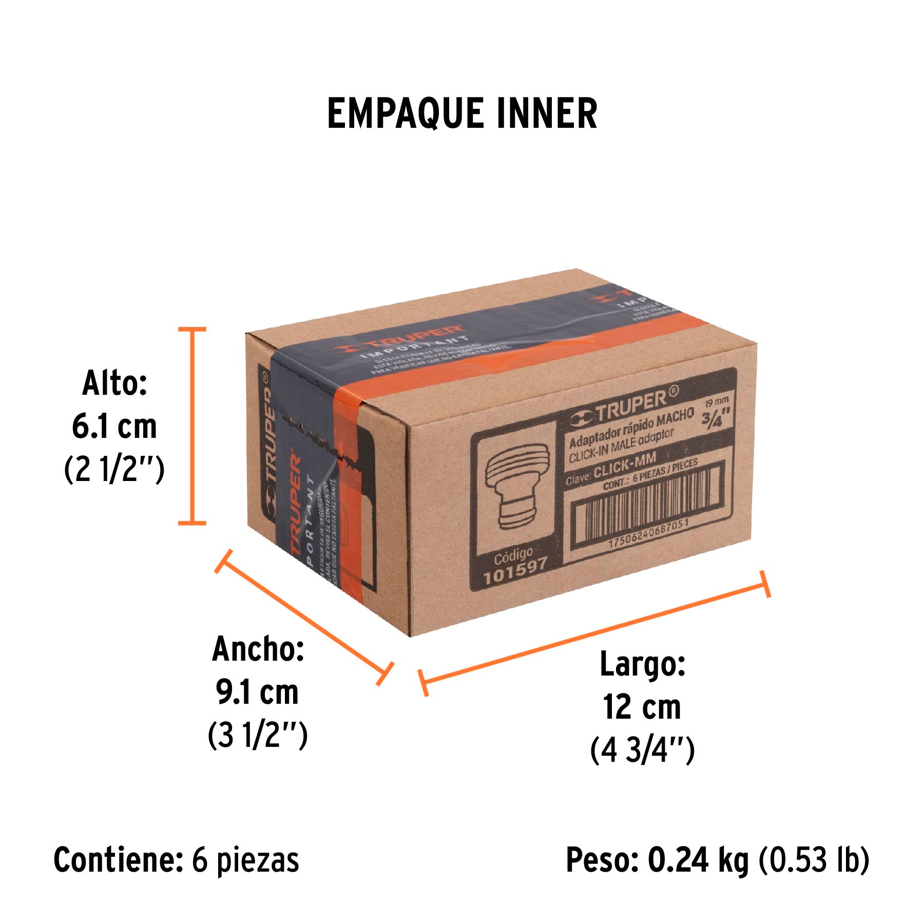 Conector 3/4" rápido macho de latón, sistema click, TRUPER - Empaque