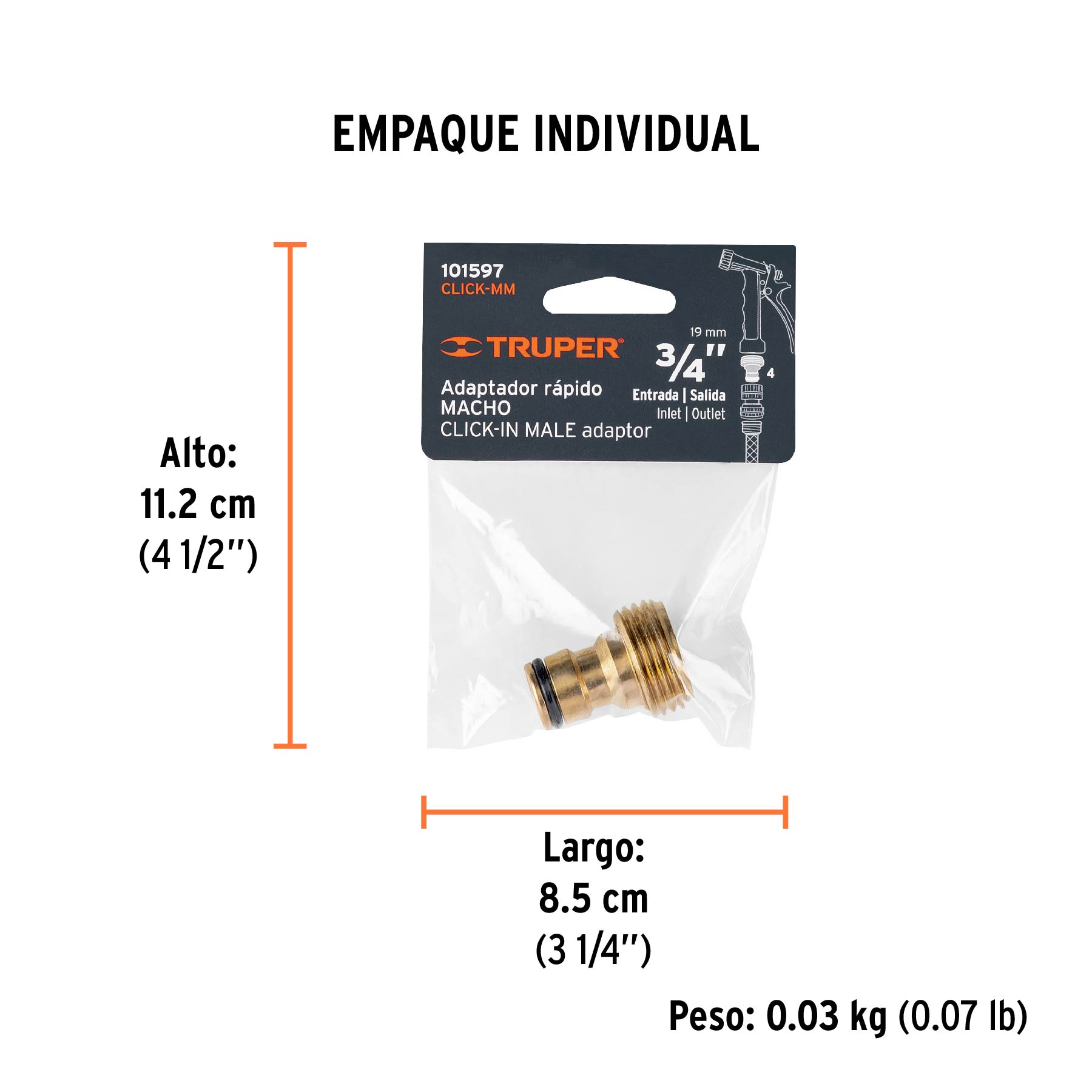 Conector 3/4" rápido macho de latón, sistema click, TRUPER - Empaque