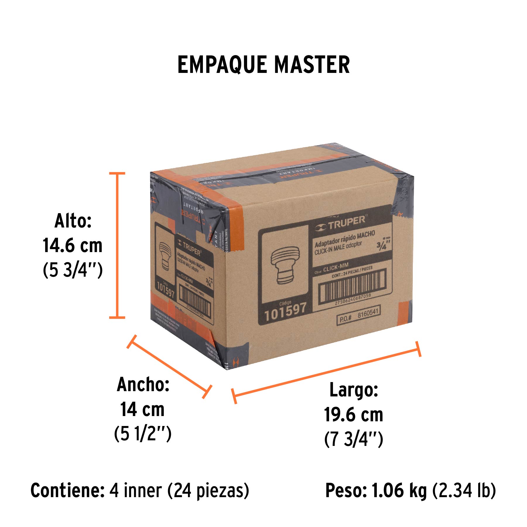 Conector 3/4" rápido macho de latón, sistema click, TRUPER - Empaque