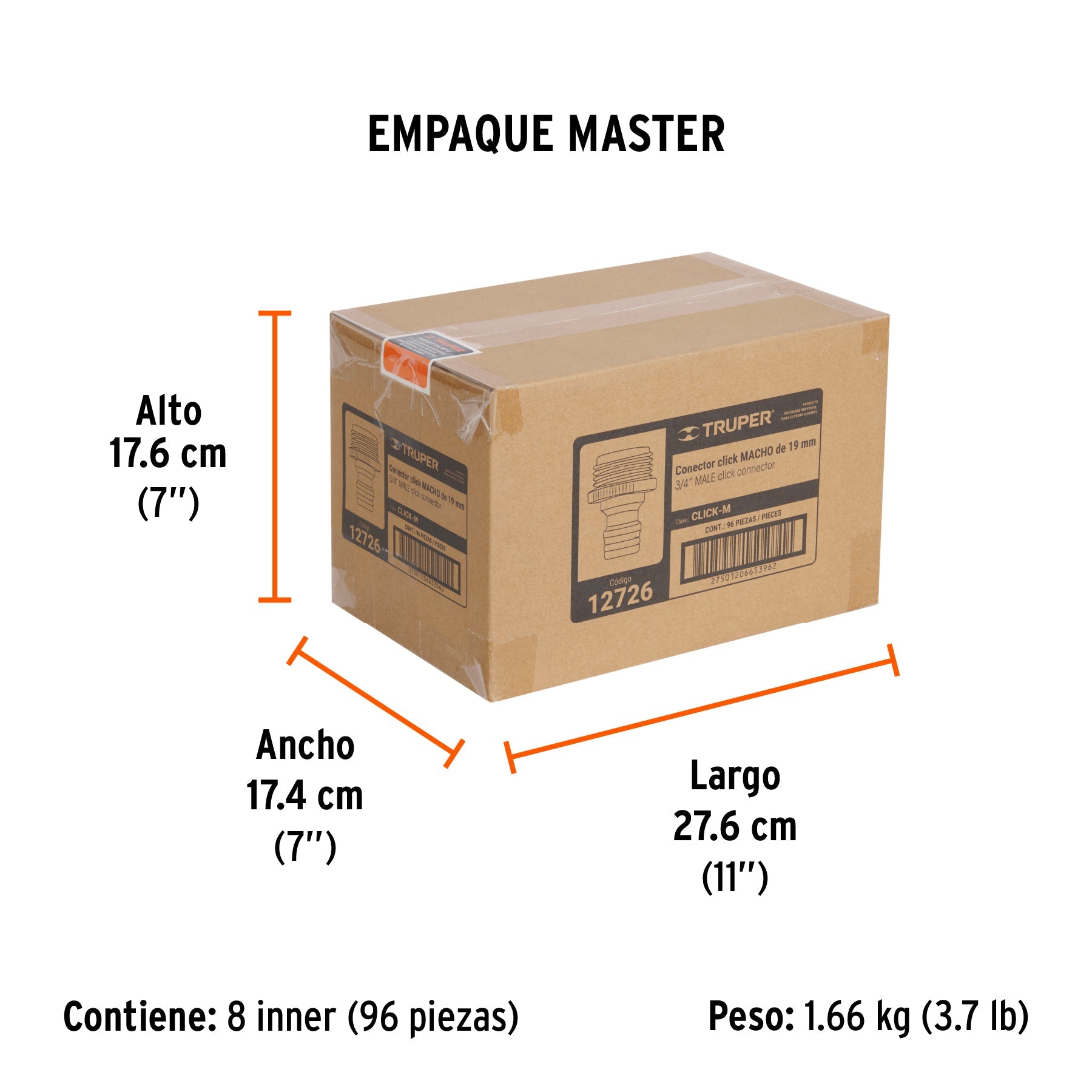 Conector 3/4" rápido macho de ABS, sistema click, TRUPER - Empaque