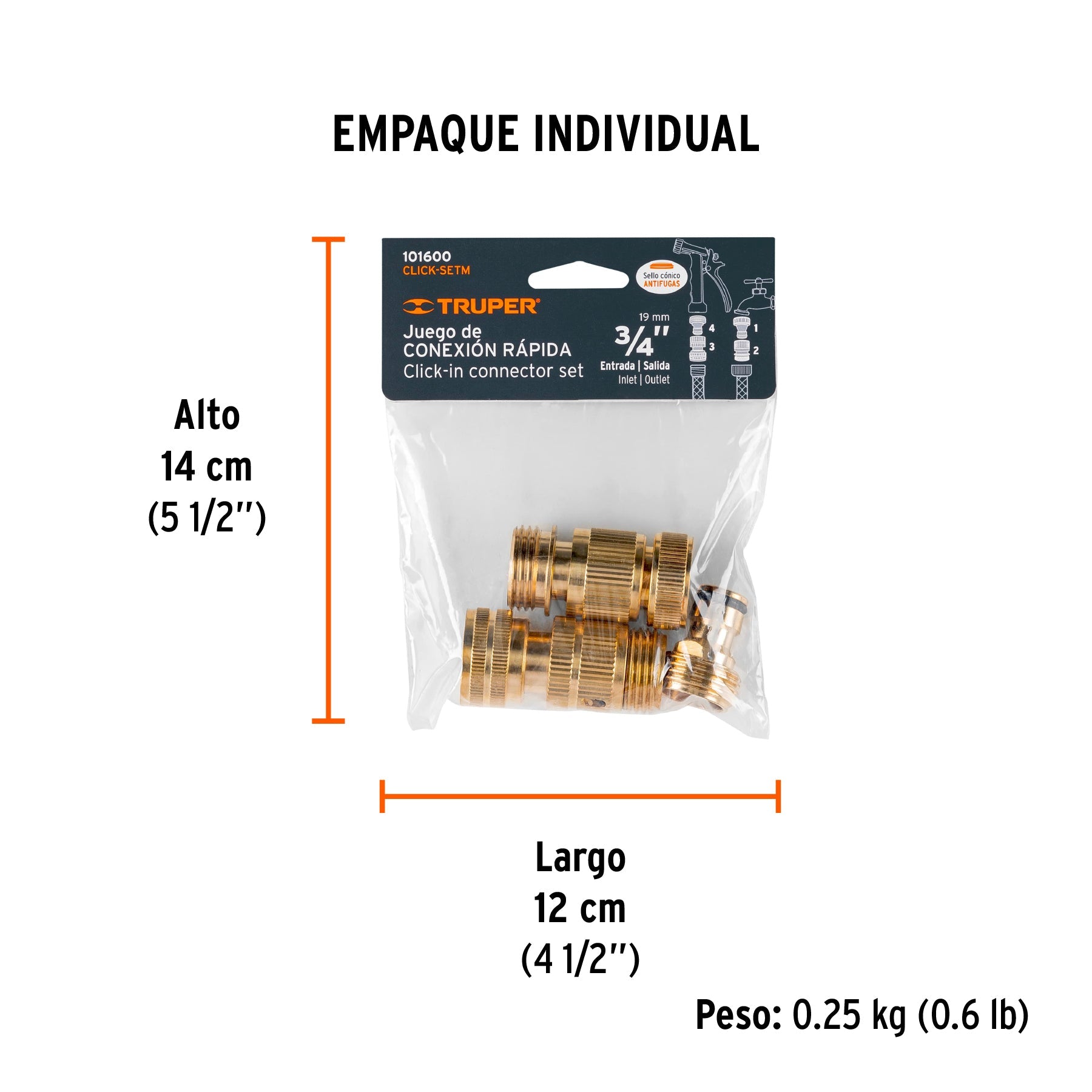 Juego de 5 conectores 3/4" rápidos de latón, sistema click - Empaque