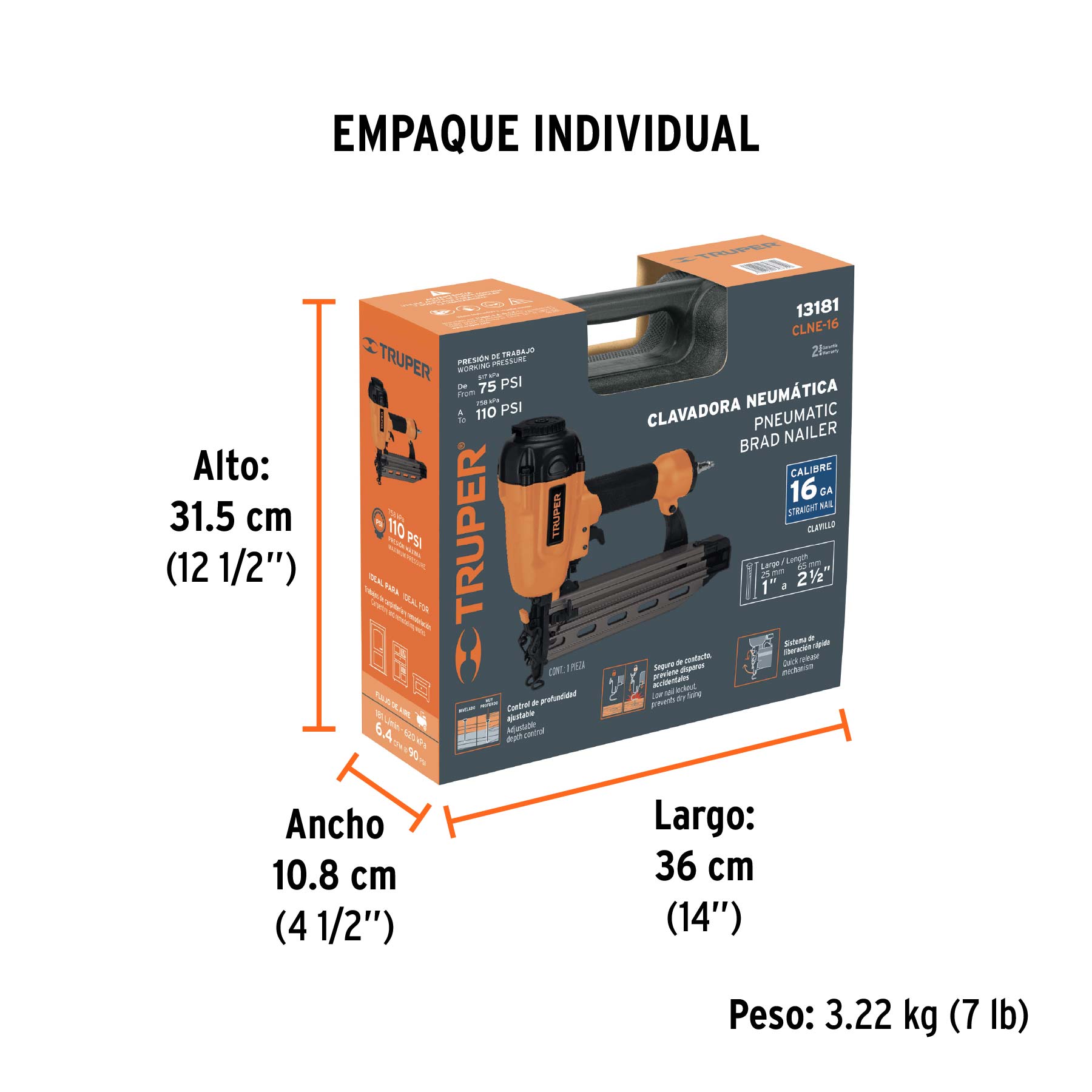Clavadora neumática profesional, calibre 16, TRUPER - Empaque