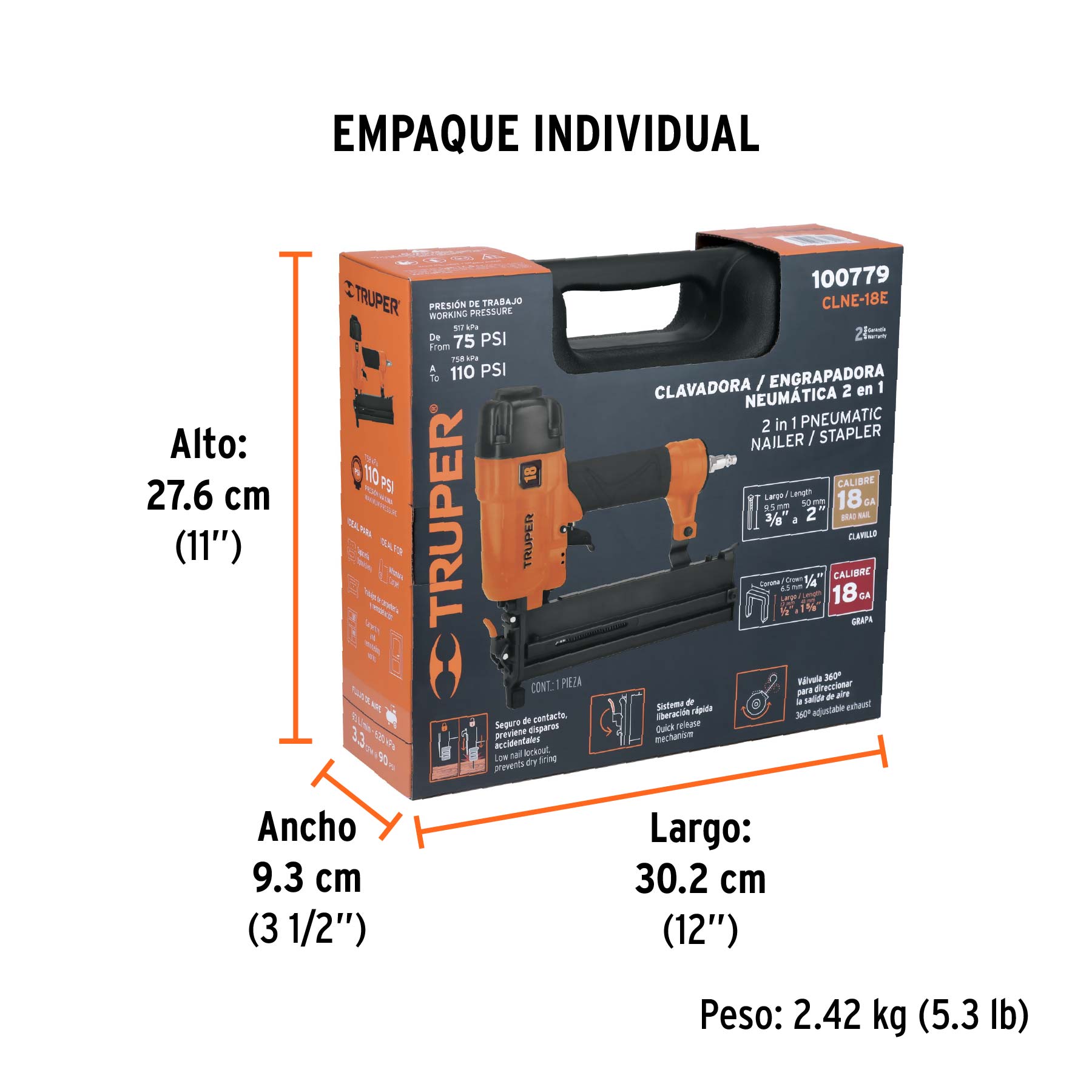 Clavadora y engrapadora neumática profesional, calibre 18 - Empaque