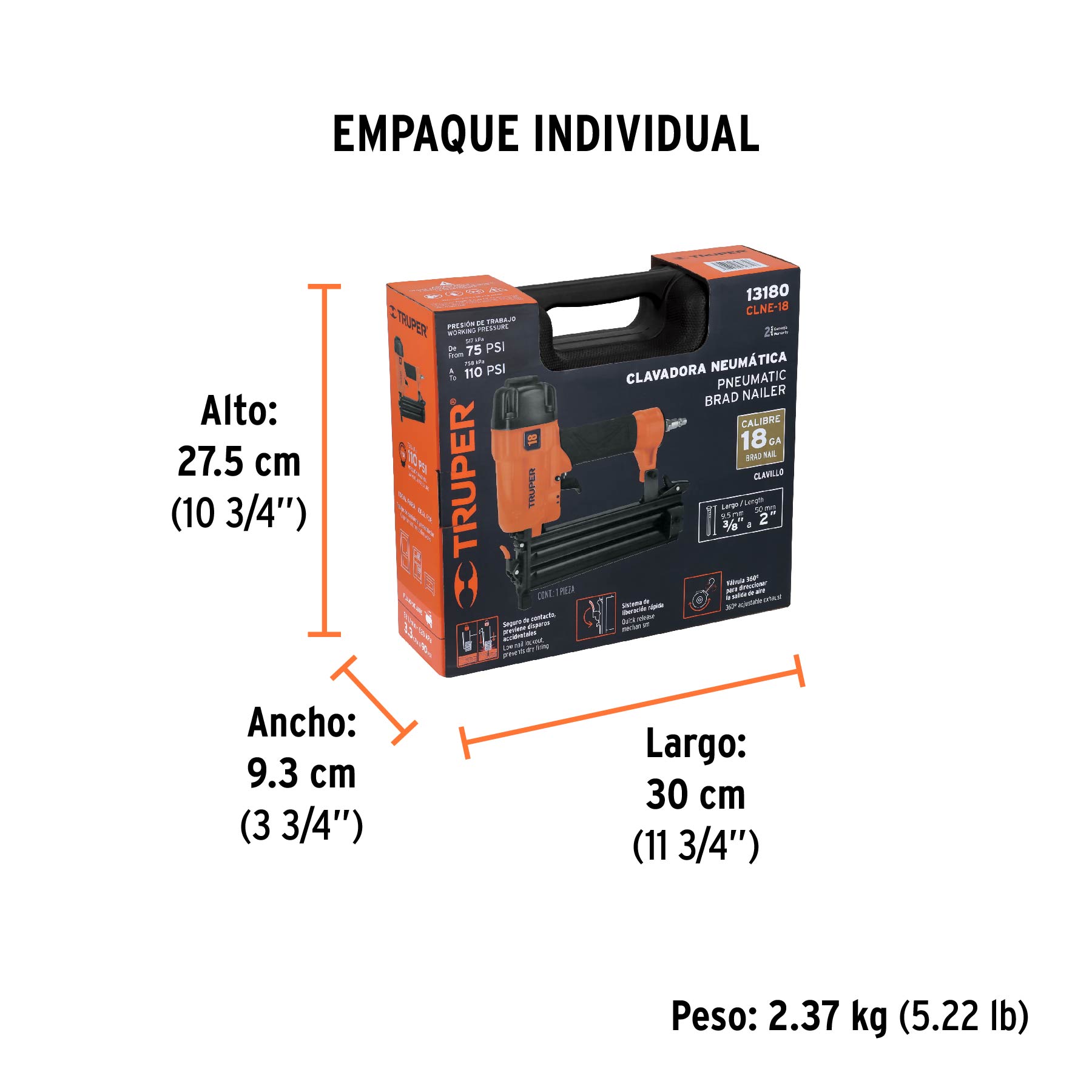 Clavadora neumática profesional, calibre 18, TRUPER - Empaque