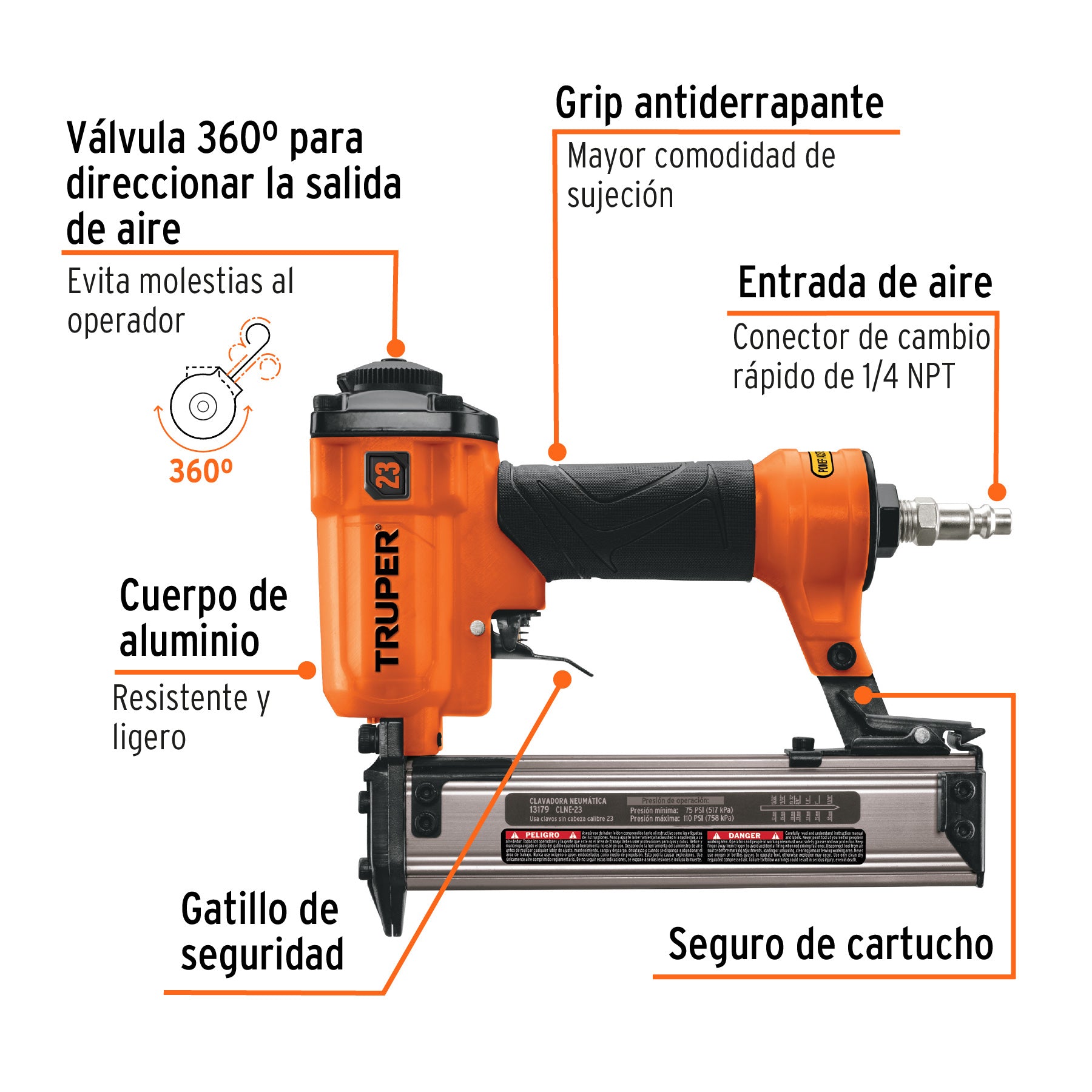 Clavadora neumática, profesional, calibre 23, TRUPER