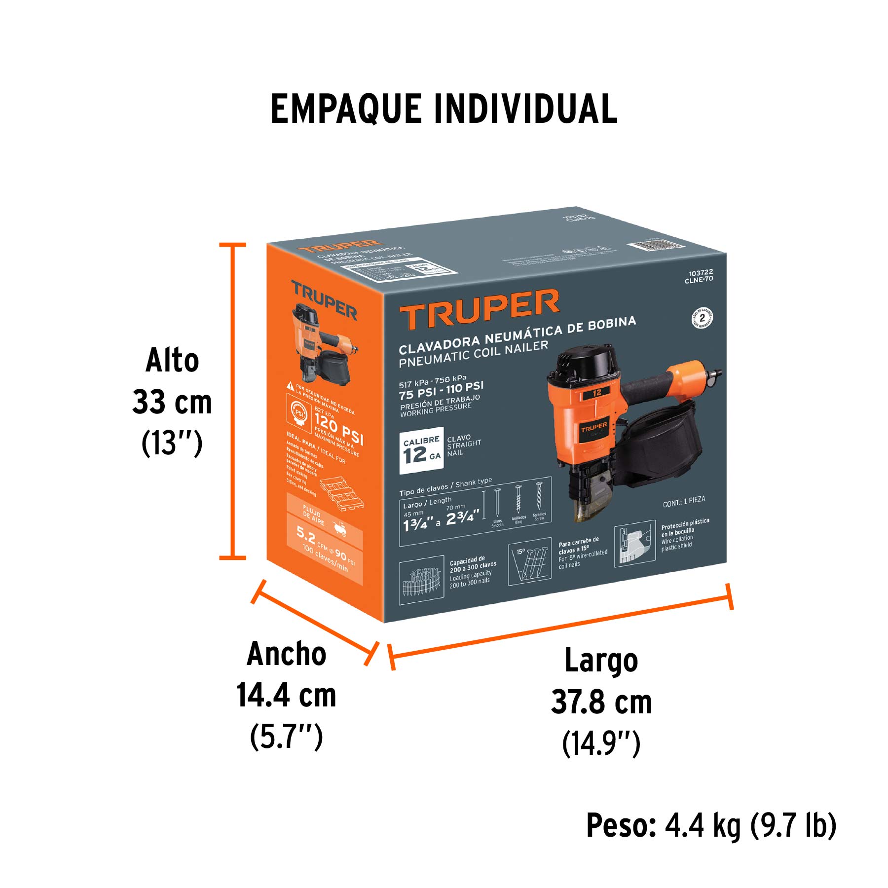 Clavadora neumática de bobina para clavo rolado,70mm, TRUPER - Empaque