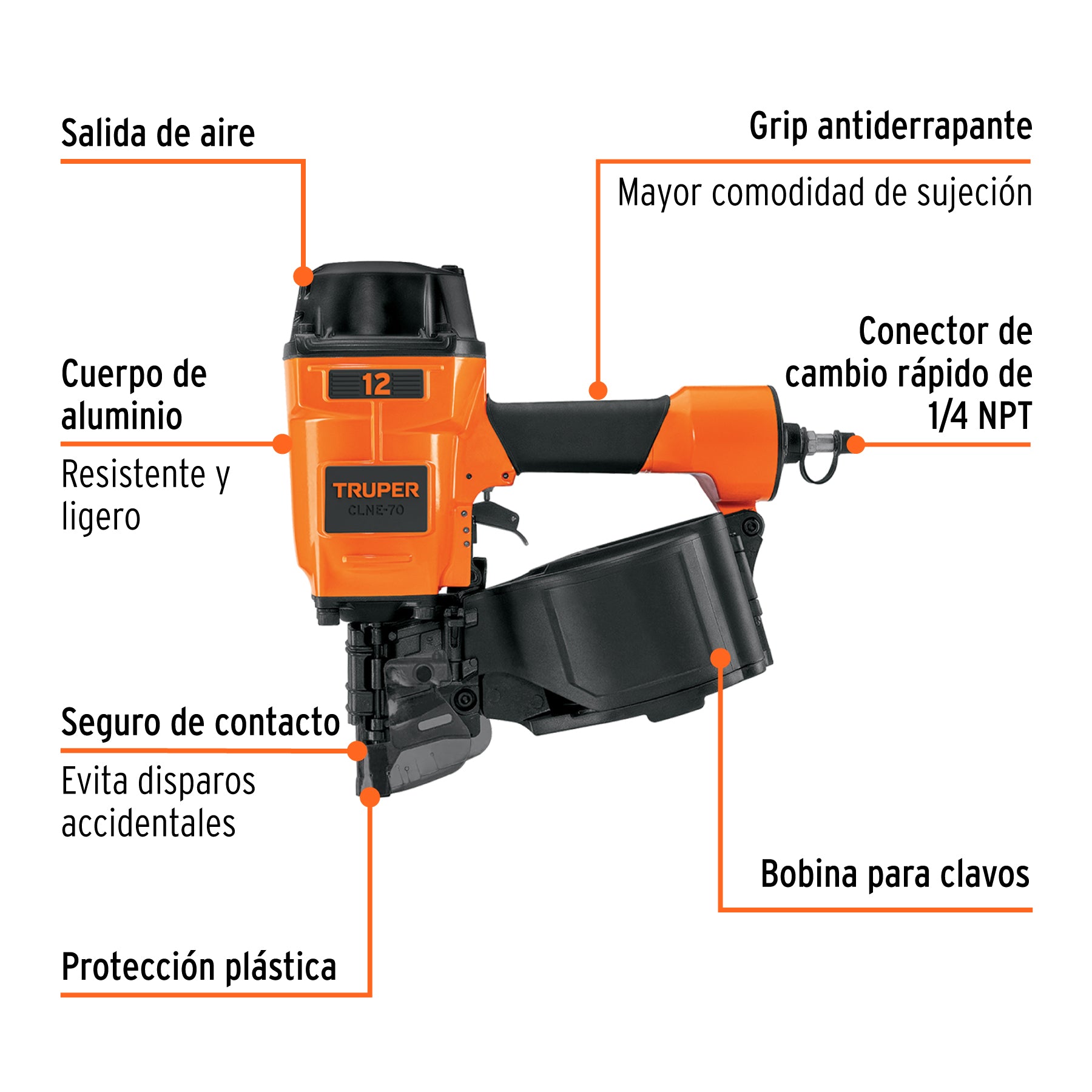 Clavadora neumática de bobina para clavo rolado,70mm, TRUPER