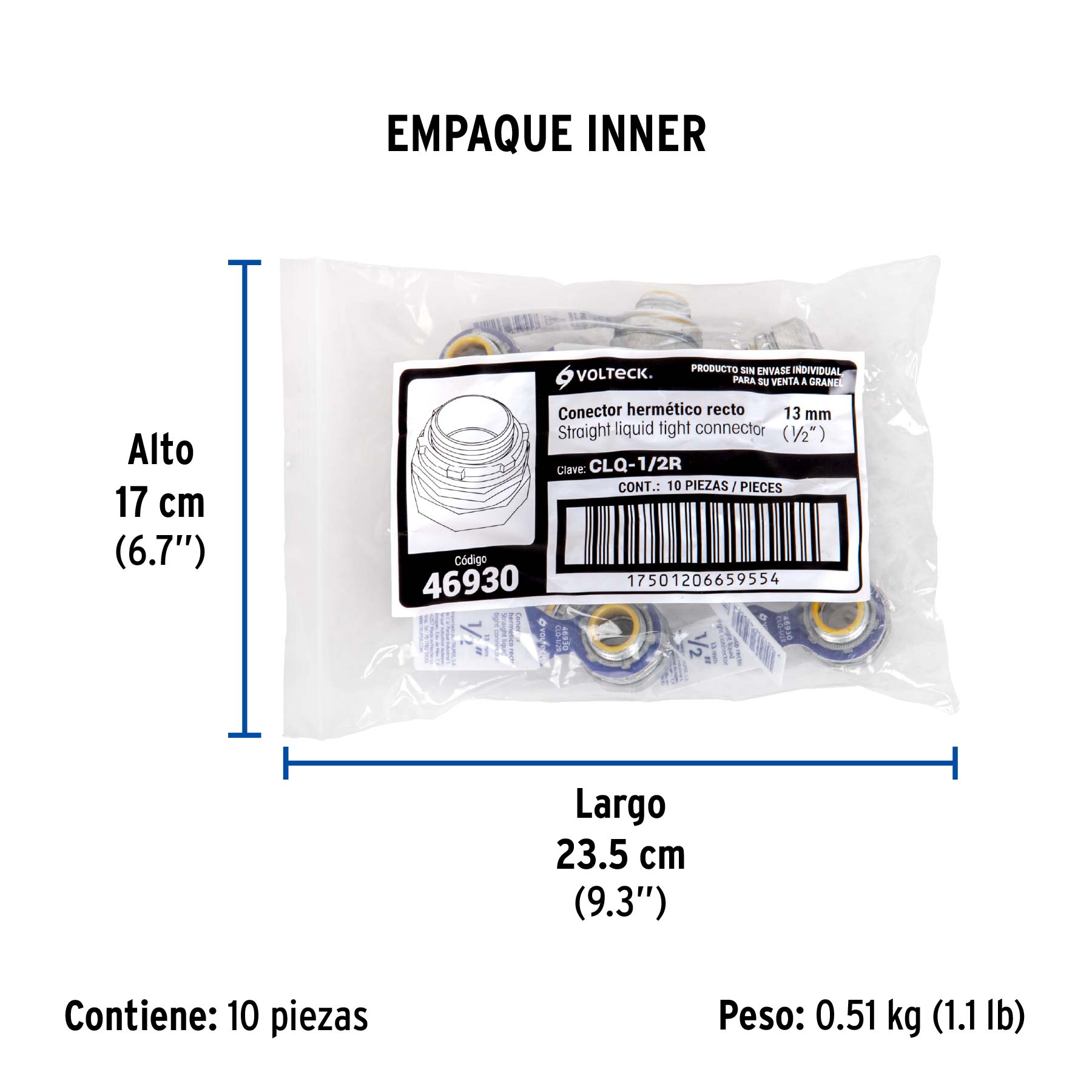 Conector recto 1/2" para tubo liquid tight, VOLTECK - Empaque