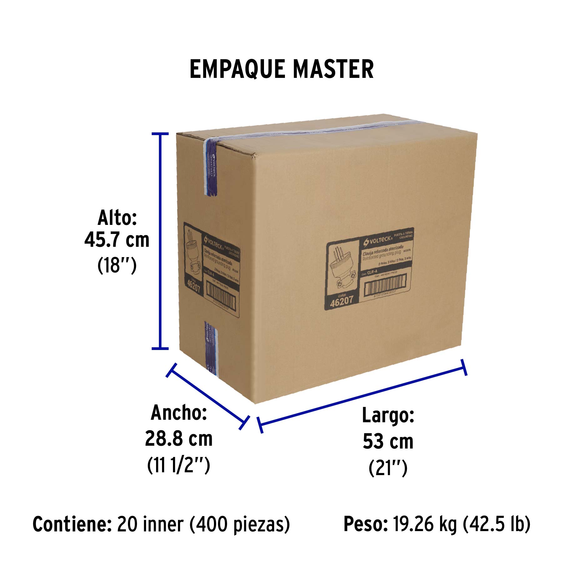 Clavija industrial reforzada aterrizada, 2 polos+tierra - Empaque