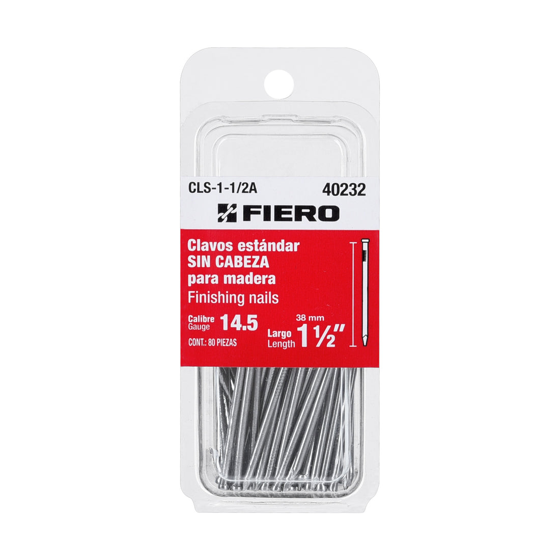 Blíster con 80 clavos estándar 1-1/2" sin cabeza, FIERO